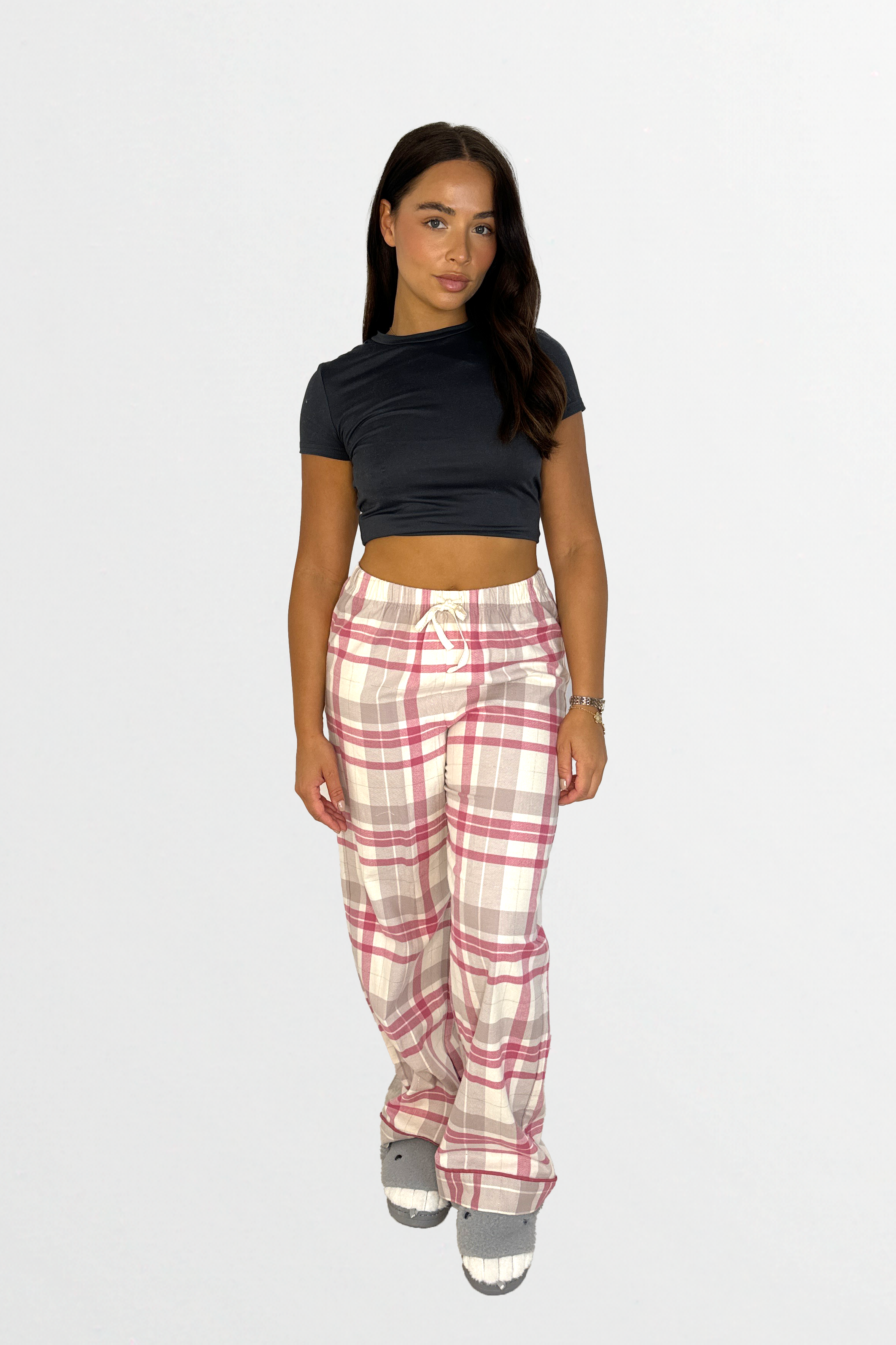 Soft Cotton Blend Check Pattern Drawstring Pyjama Bottoms-SinglePrice