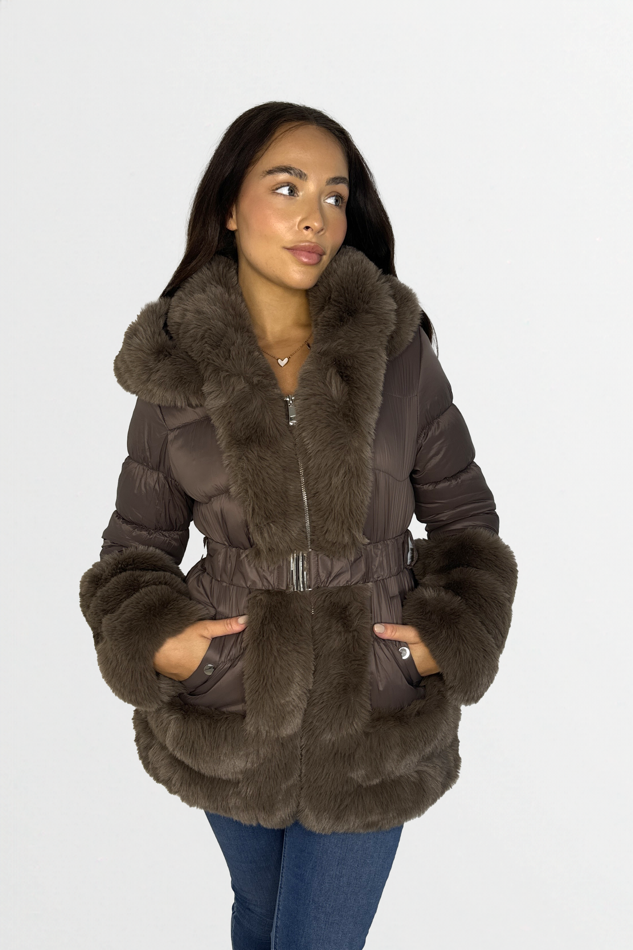 Hooded Faux Fur Hem Elasticated Belt Lined Jacket