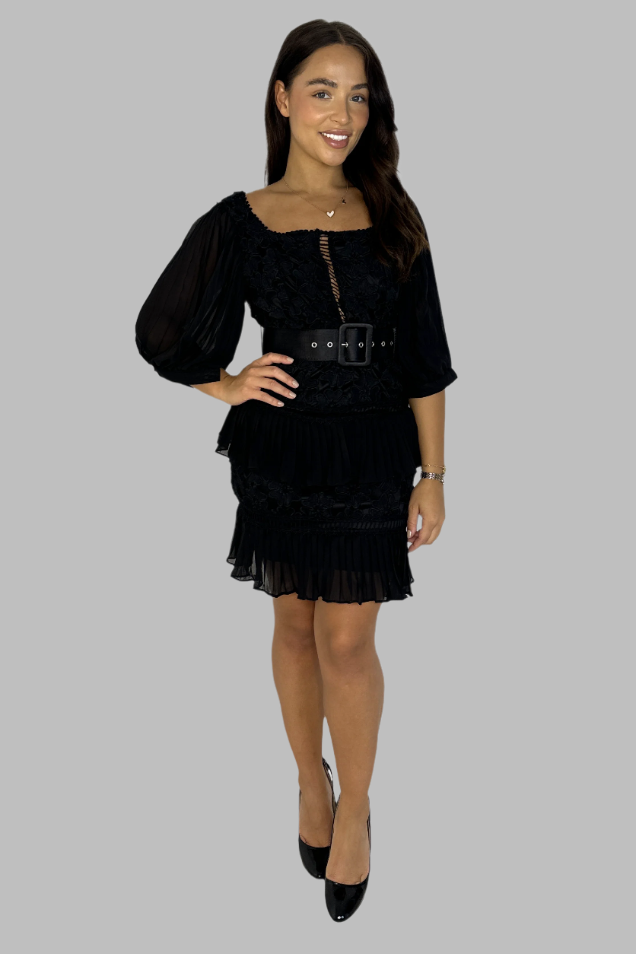 Scoop Neck ¾ Sleeve Chiffon Frill Hem Belted Crochet Dress-SinglePrice