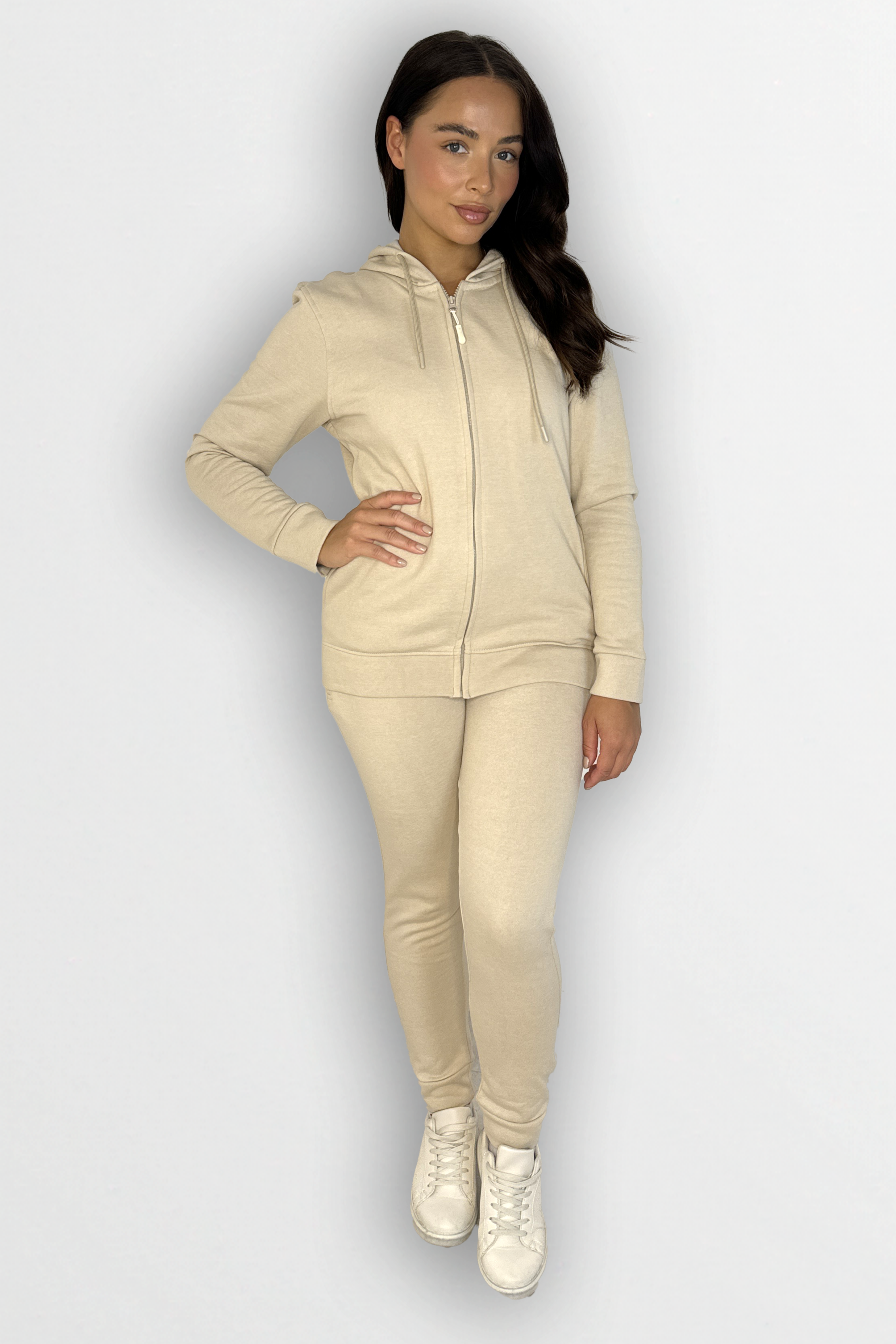 Fleeced Zip Up Hoodie And Slim Leg Cotton Blend Tracksuit Set-SinglePrice