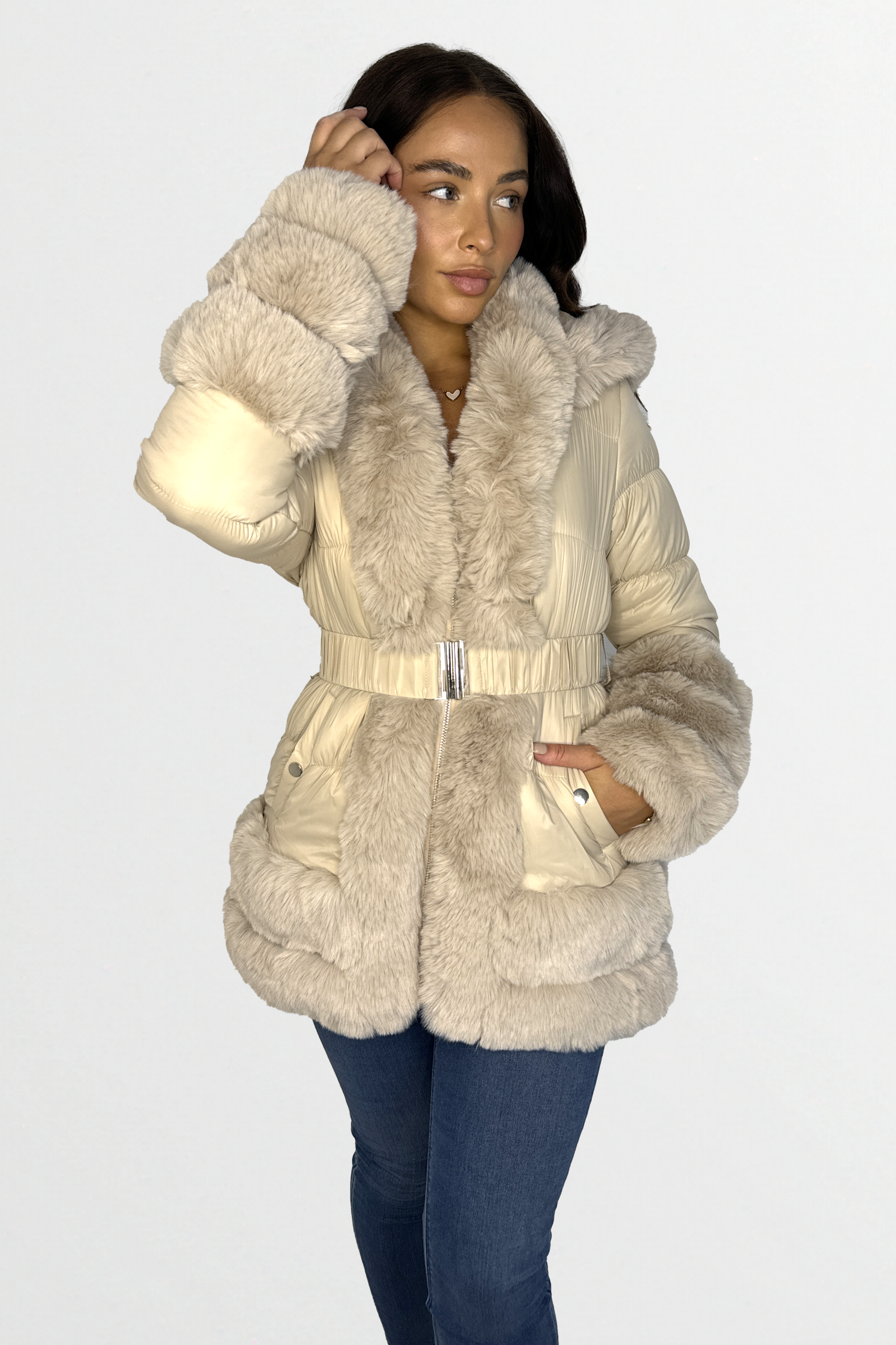 Hooded Faux Fur Hem Elasticated Belt Lined Jacket