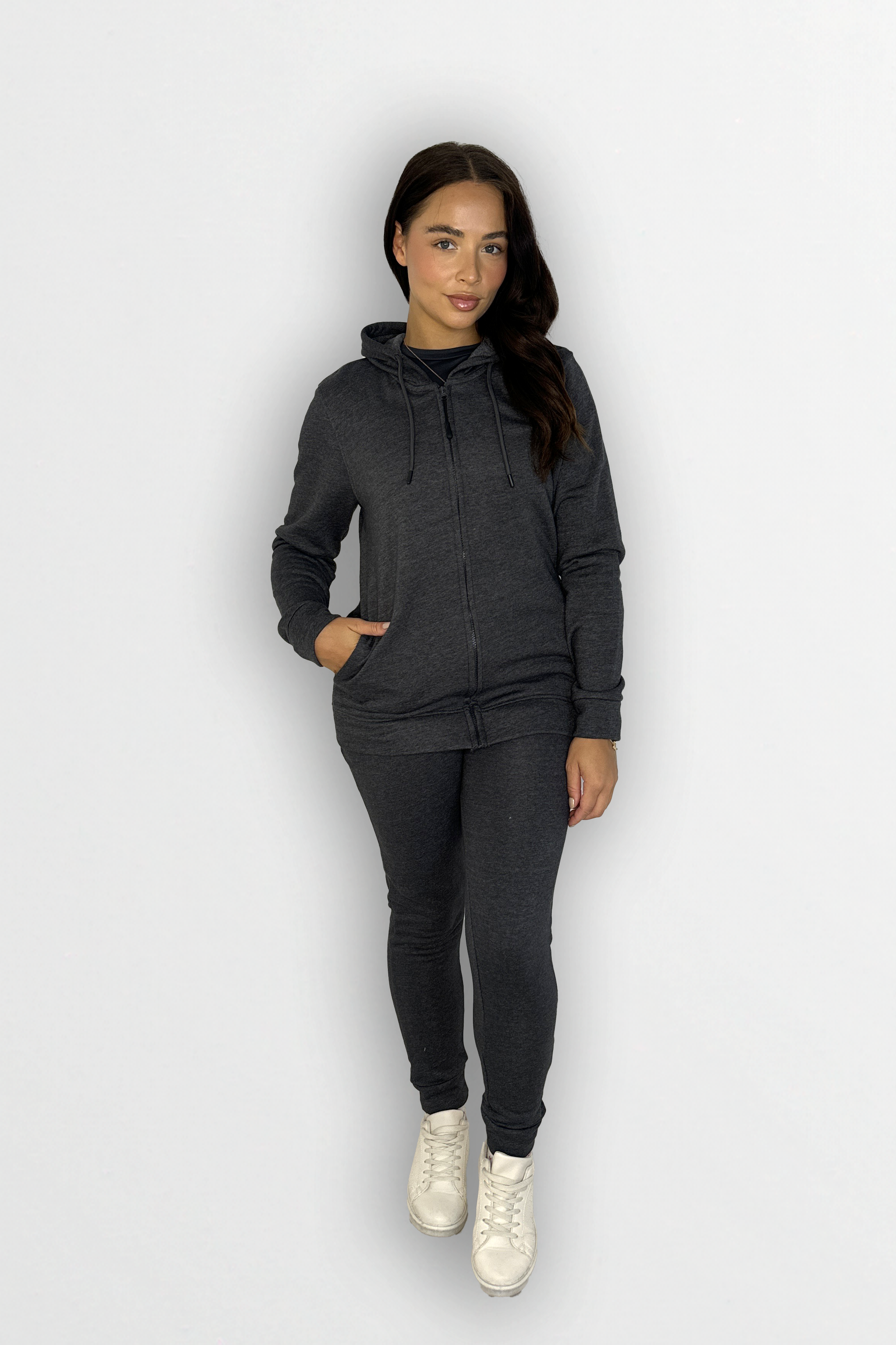 Fleeced Zip Up Hoodie And Slim Leg Cotton Blend Tracksuit Set-SinglePrice