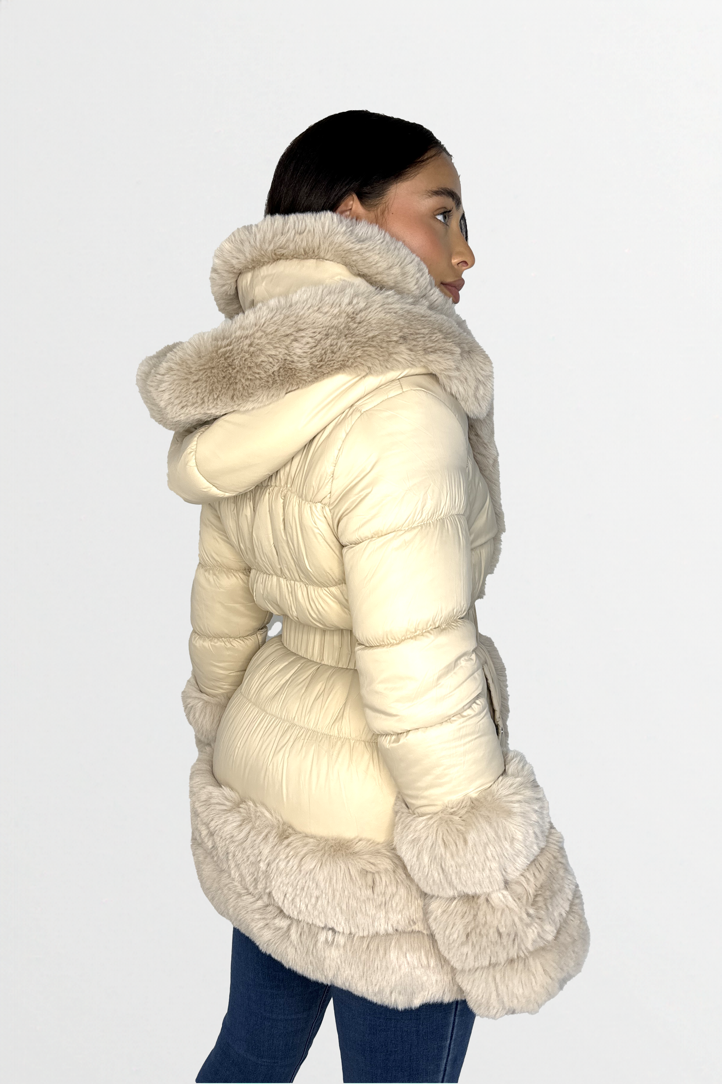 Hooded Faux Fur Hem Elasticated Belt Lined Jacket