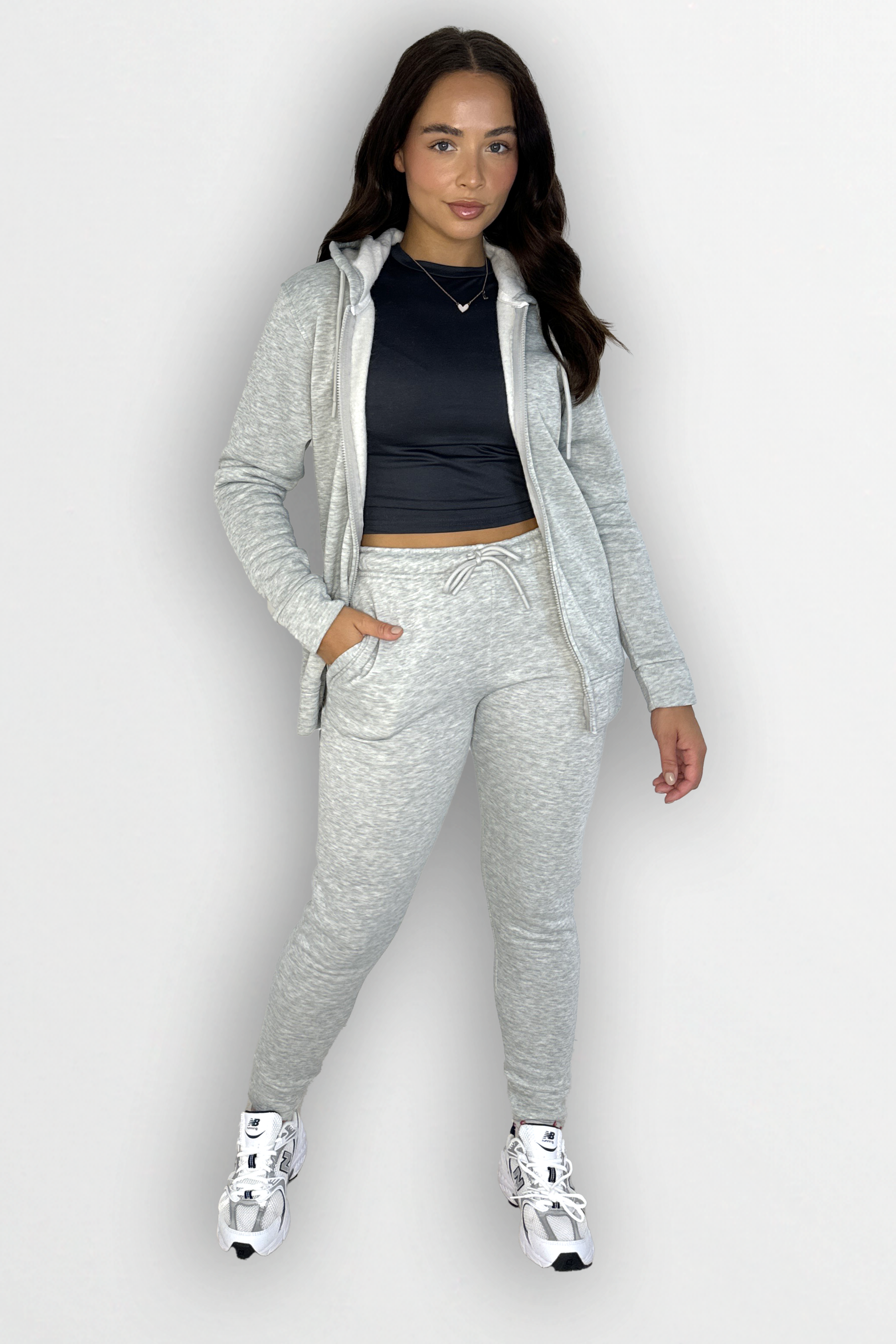 Fleeced Zip Up Hoodie And Slim Leg Cotton Blend Tracksuit Set-SinglePrice