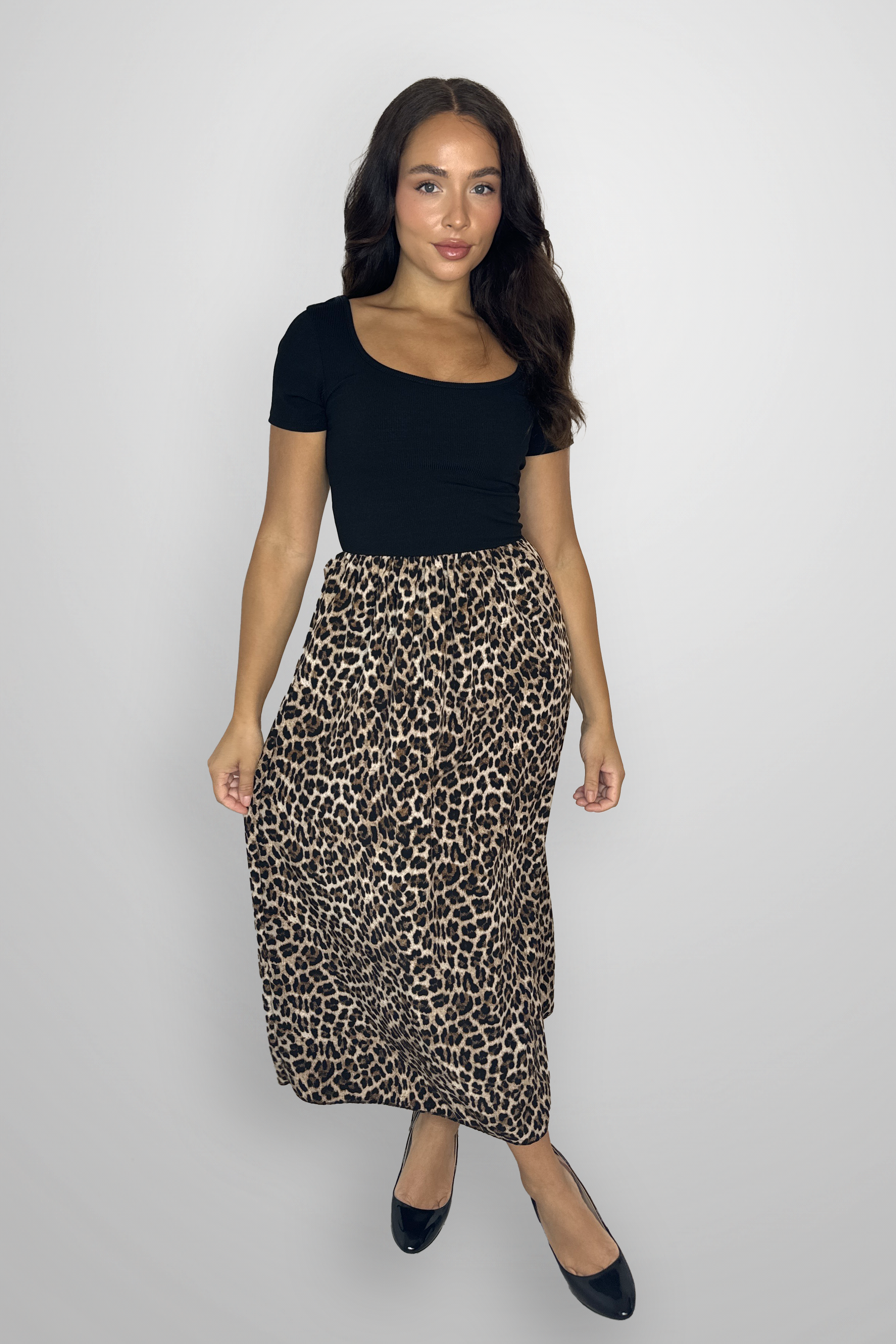 Short Sleeve Contrast Leopard Print Midaxi Dress-SinglePrice