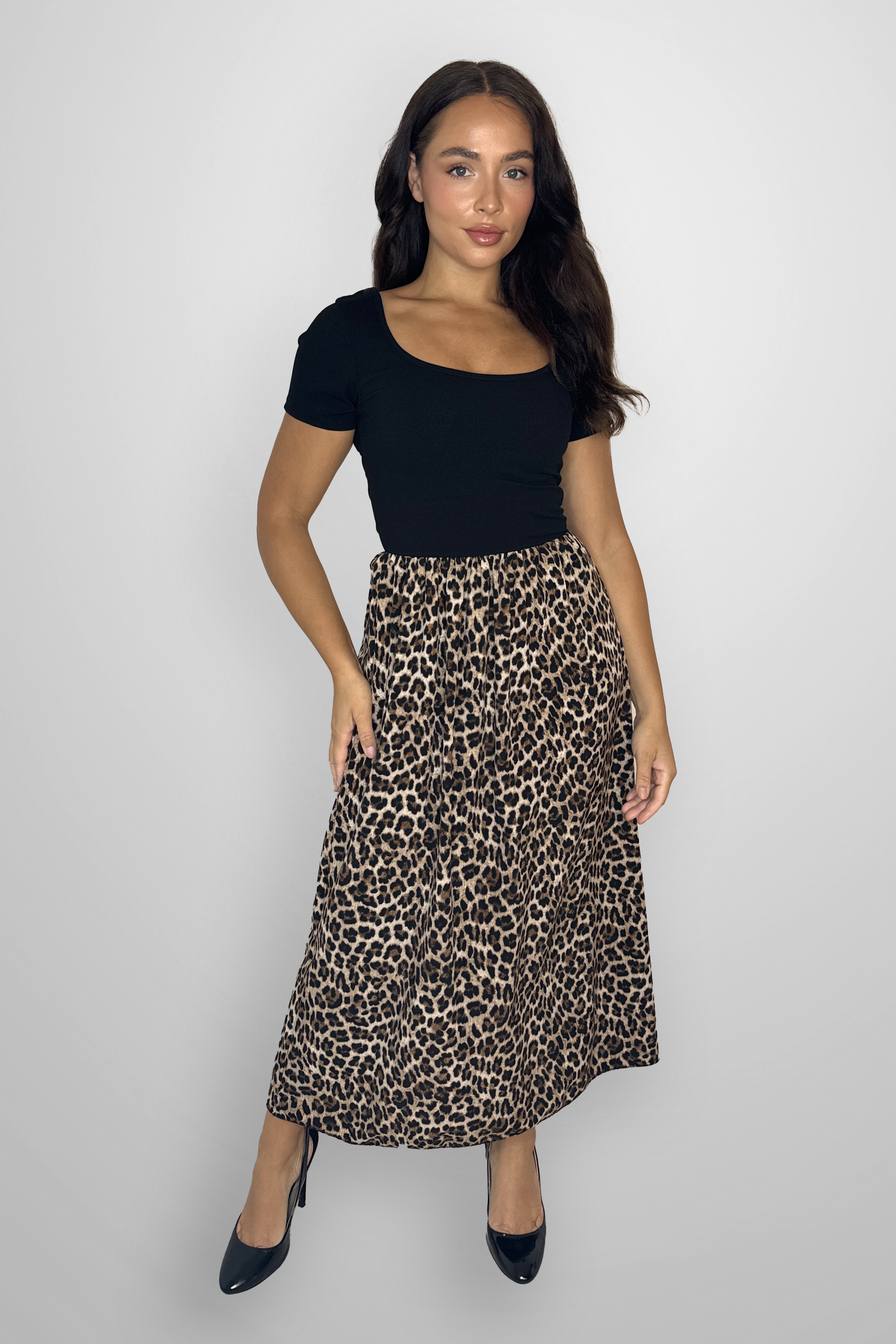 Short Sleeve Contrast Leopard Print Midaxi Dress-SinglePrice