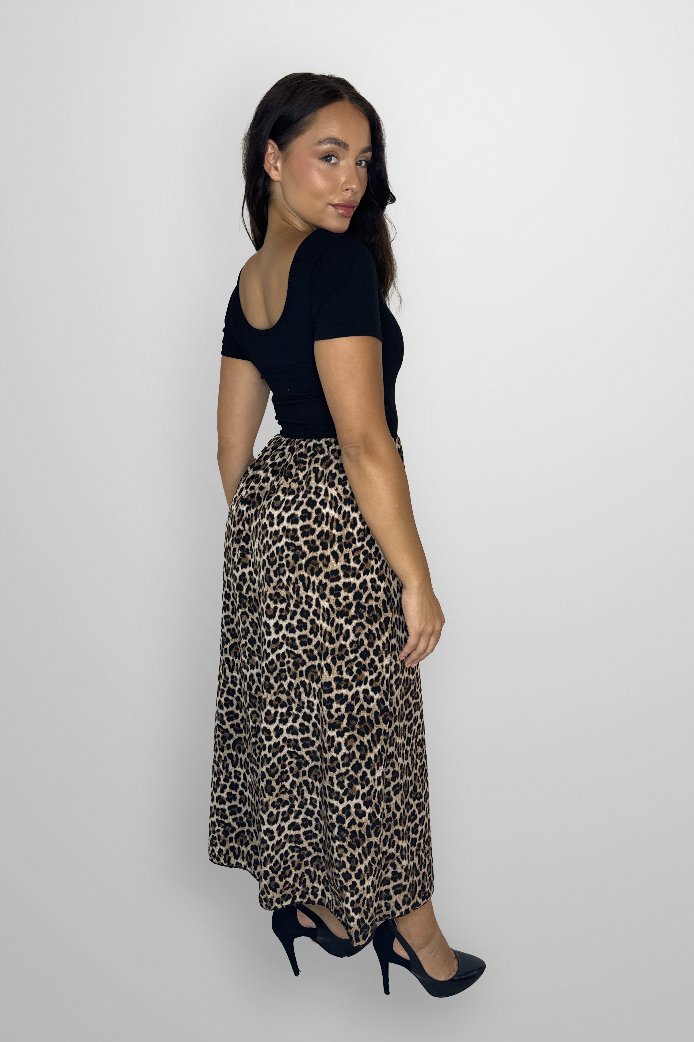 Short Sleeve Contrast Leopard Print Midaxi Dress-SinglePrice