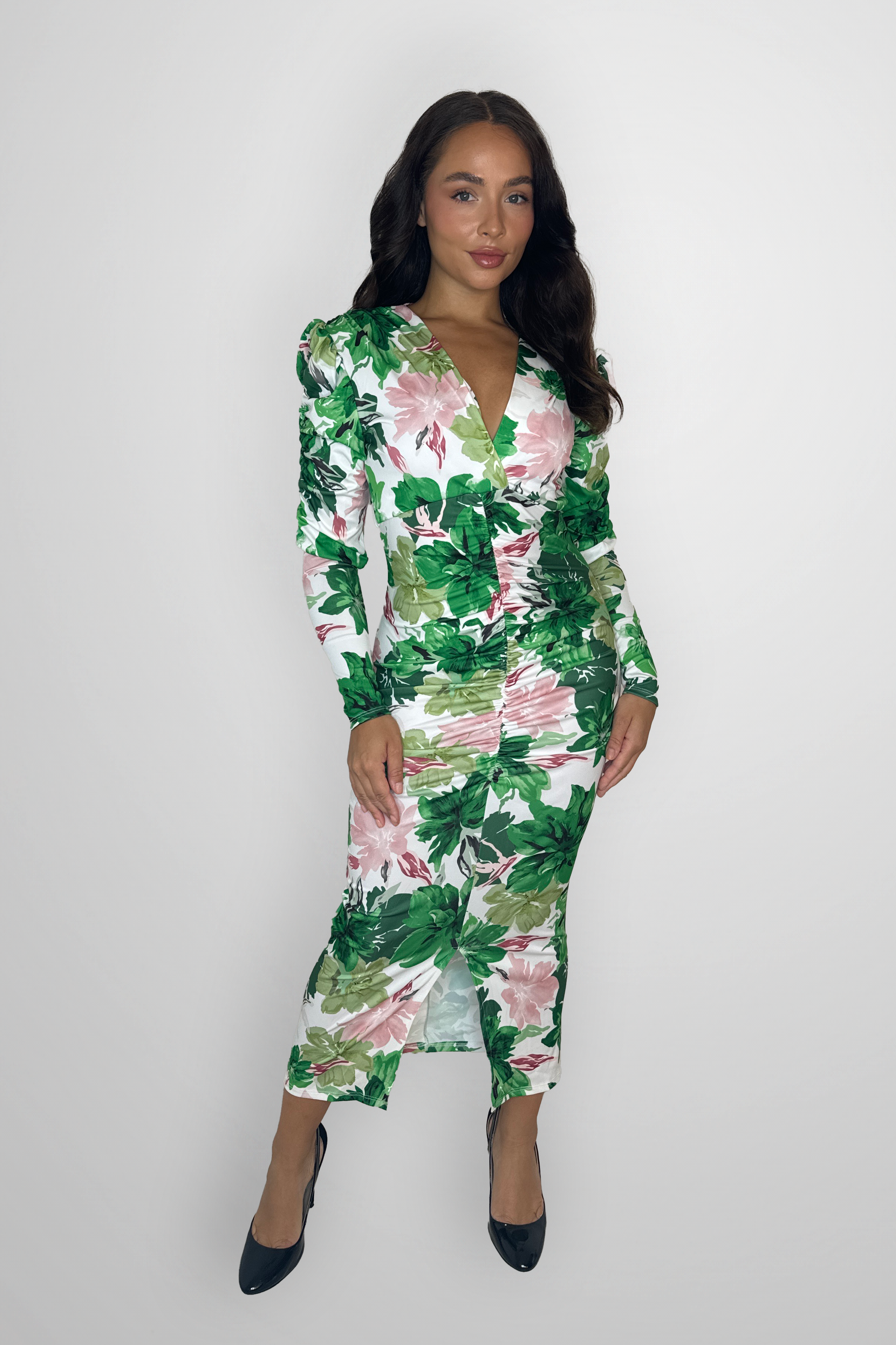 Wholesale Women's Ruched Puff Long Sleeve Low Cut Floral Print Slinky Bodycon Dress (PACK OF 6)