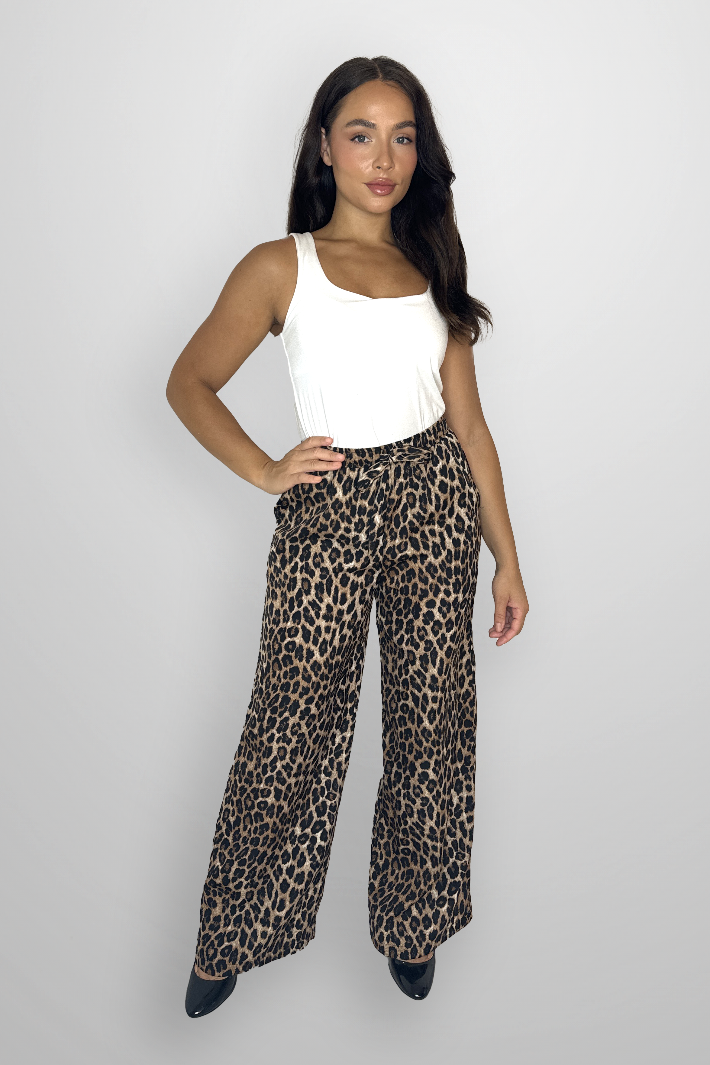 Matte Satin Leopard Print Wide Leg Drawstring Trousers-SinglePrice