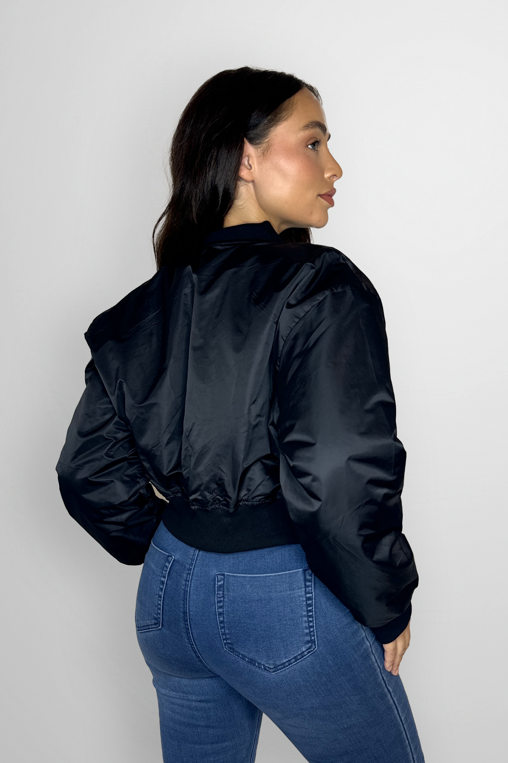 Large Front Pocket Relaxed Fit Short Bomber Jacket-SinglePrice