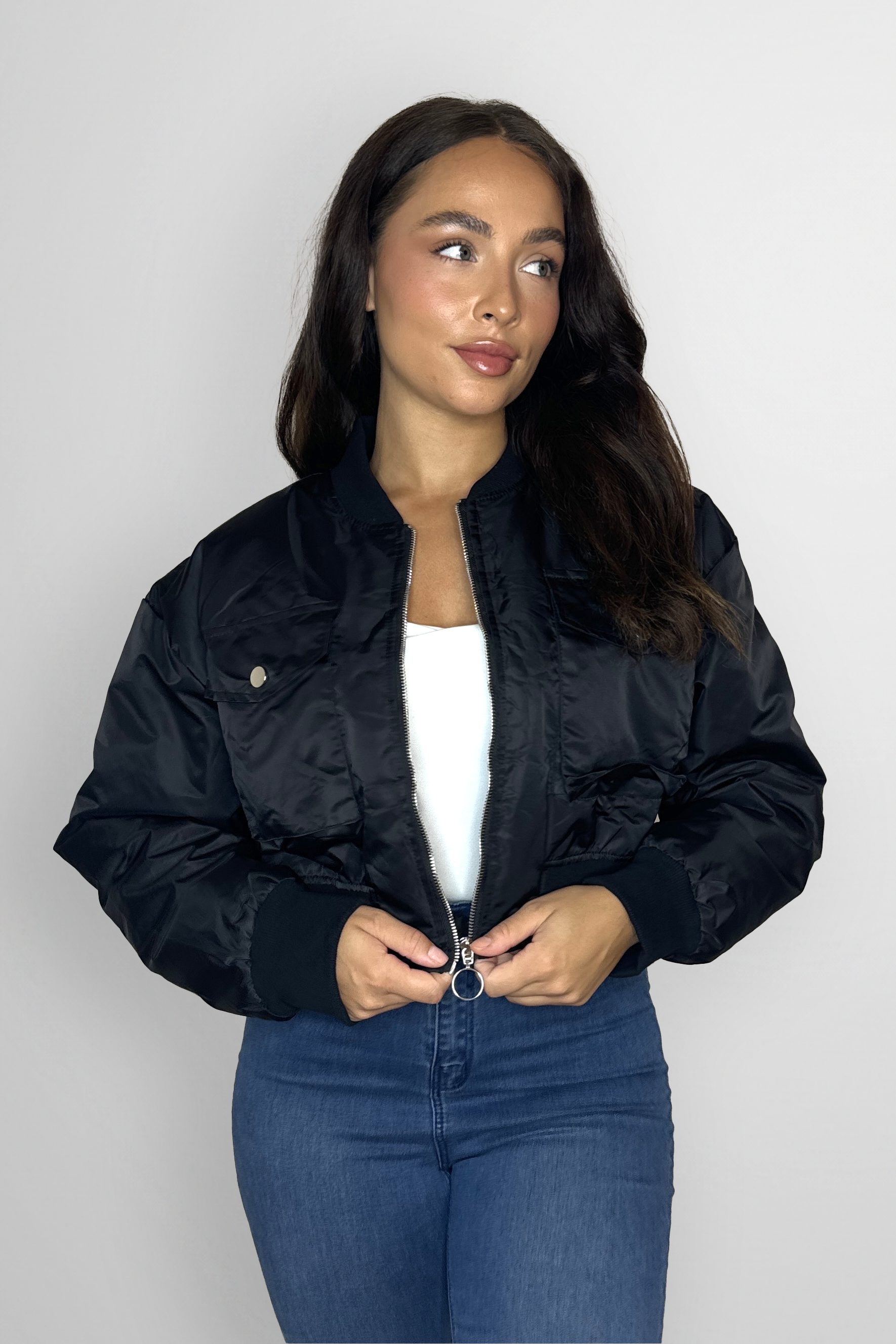 Large Front Pocket Relaxed Fit Short Bomber Jacket-SinglePrice