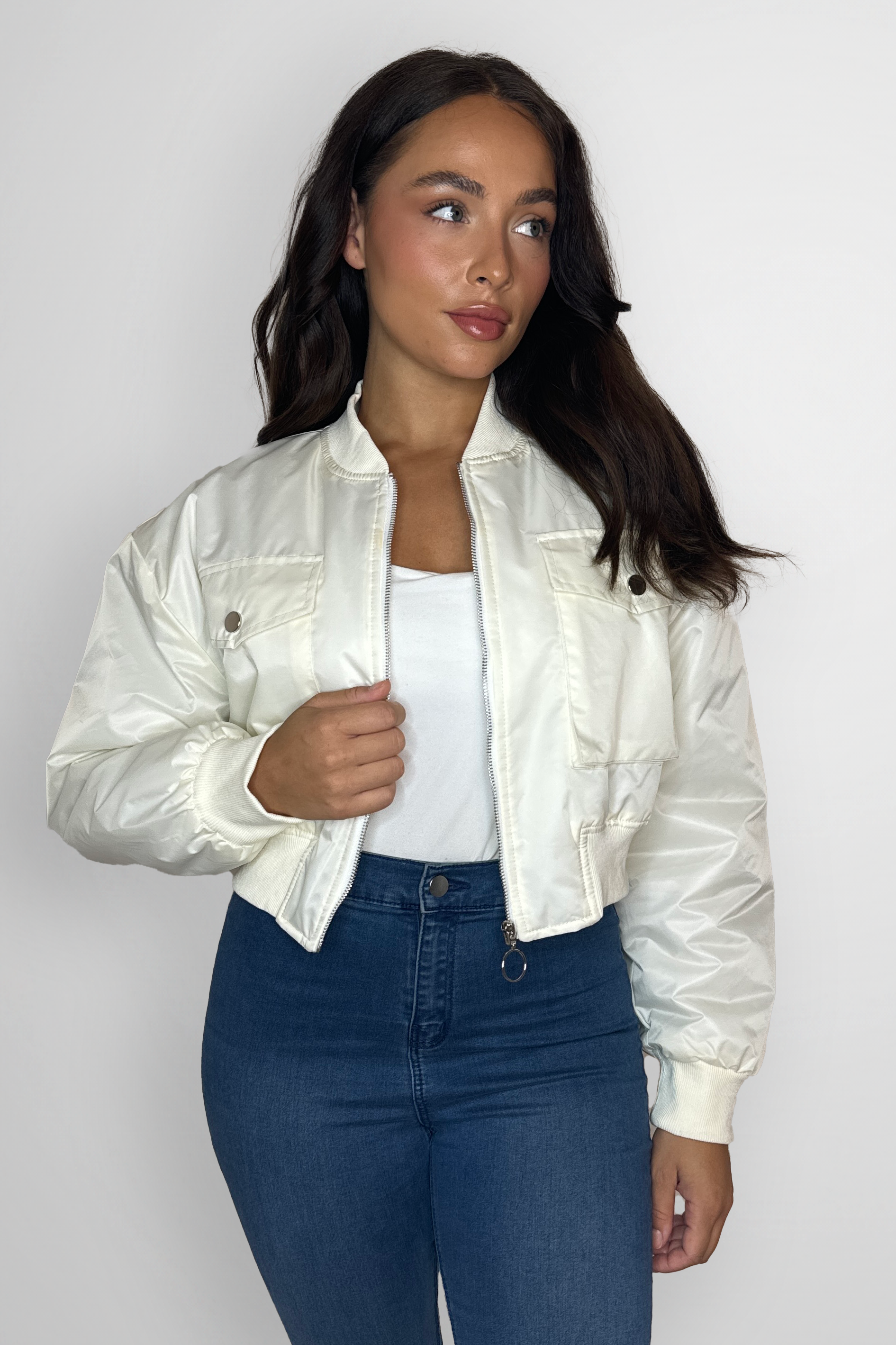 Large Front Pocket Relaxed Fit Short Bomber Jacket-SinglePrice