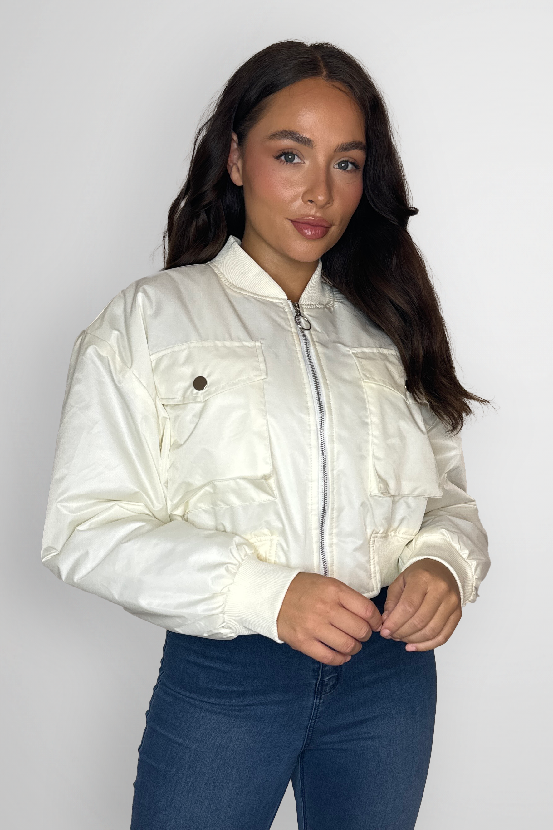 Large Front Pocket Relaxed Fit Short Bomber Jacket-SinglePrice