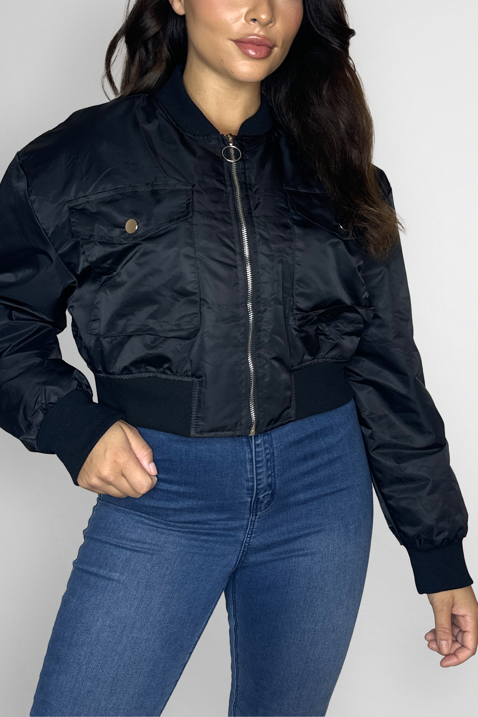 Large Front Pocket Relaxed Fit Short Bomber Jacket-SinglePrice