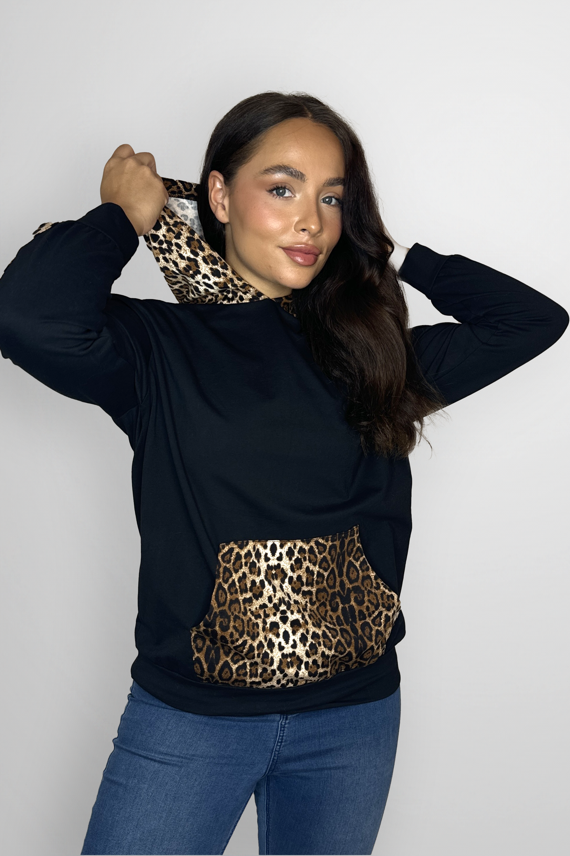 Cotton Blend Leopard Print Contrast Detail Kangaroo Pocket Hoodie-SinglePrice