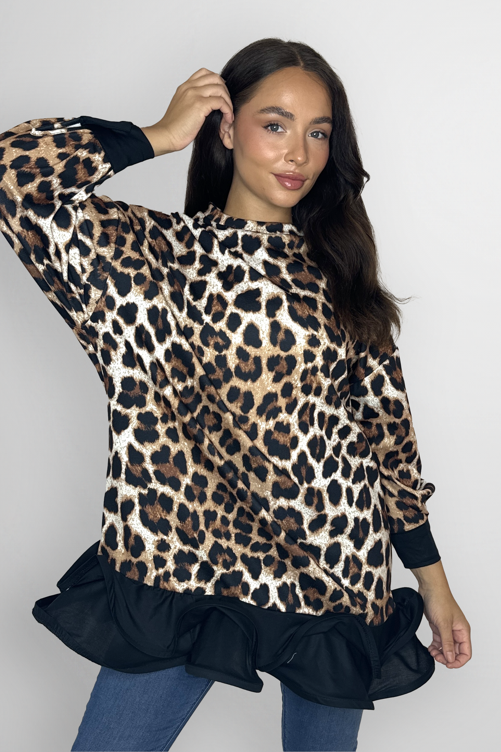 Contrast Frill Hem Leopard Print Jumper Dress-SinglePrice