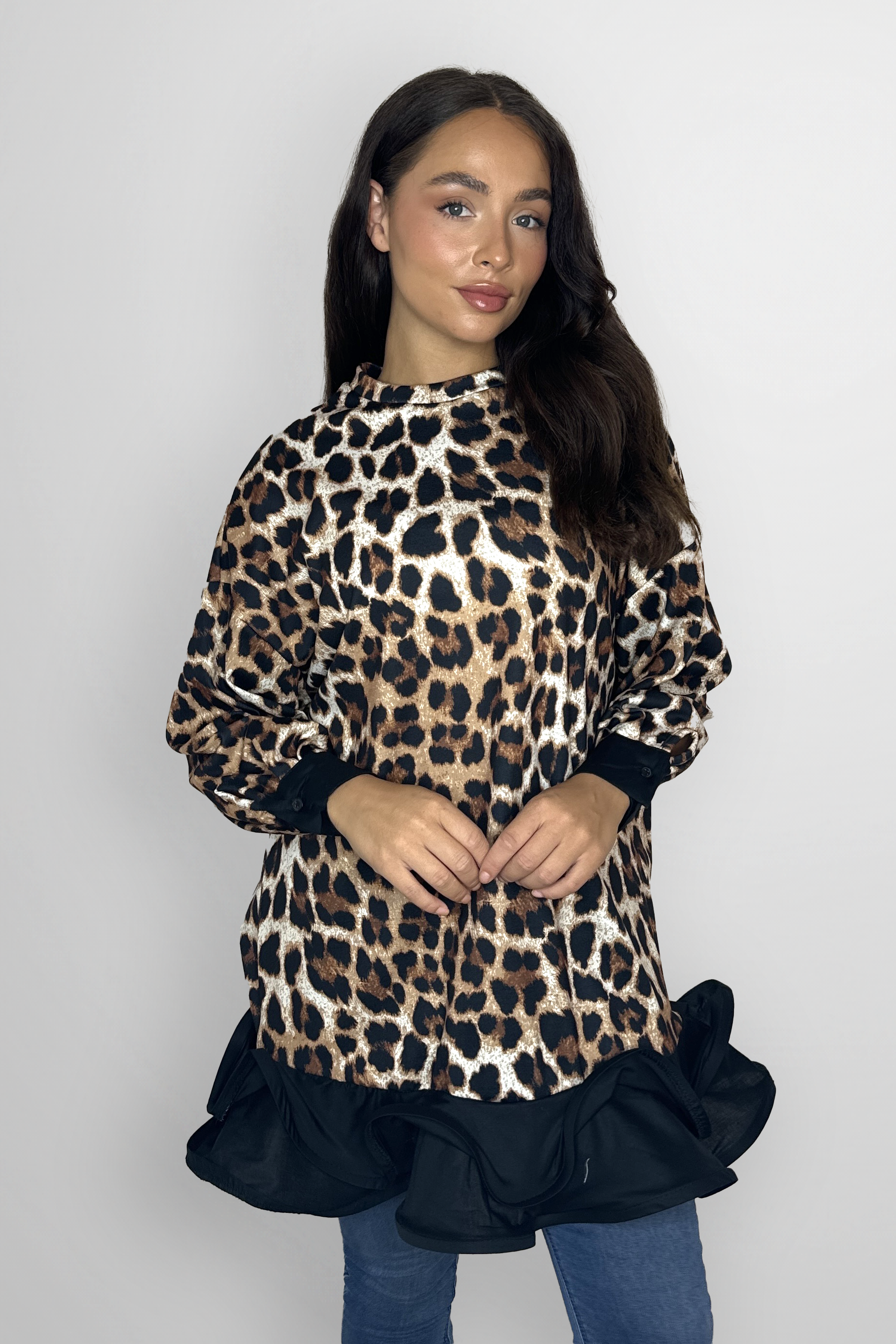 Contrast Frill Hem Leopard Print Jumper Dress-SinglePrice