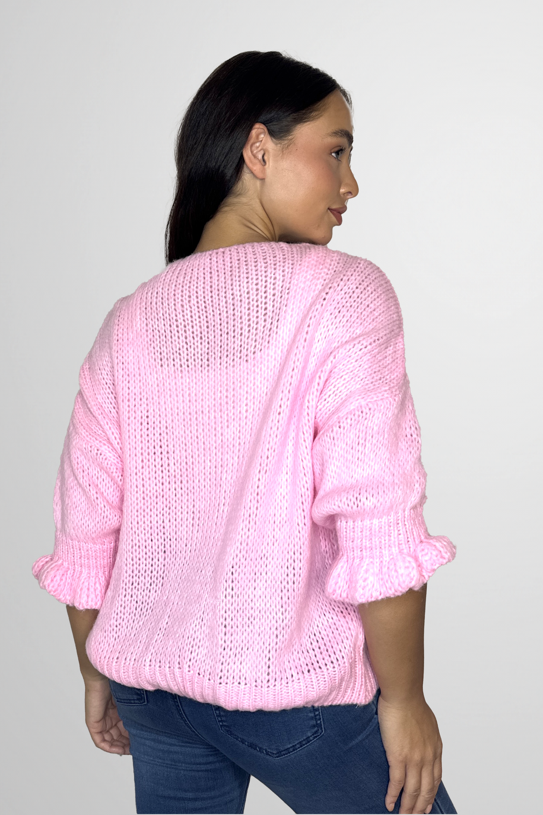 Frill ¾ Sleeve Chunky Knit Tie Up Cardigan-SinglePrice