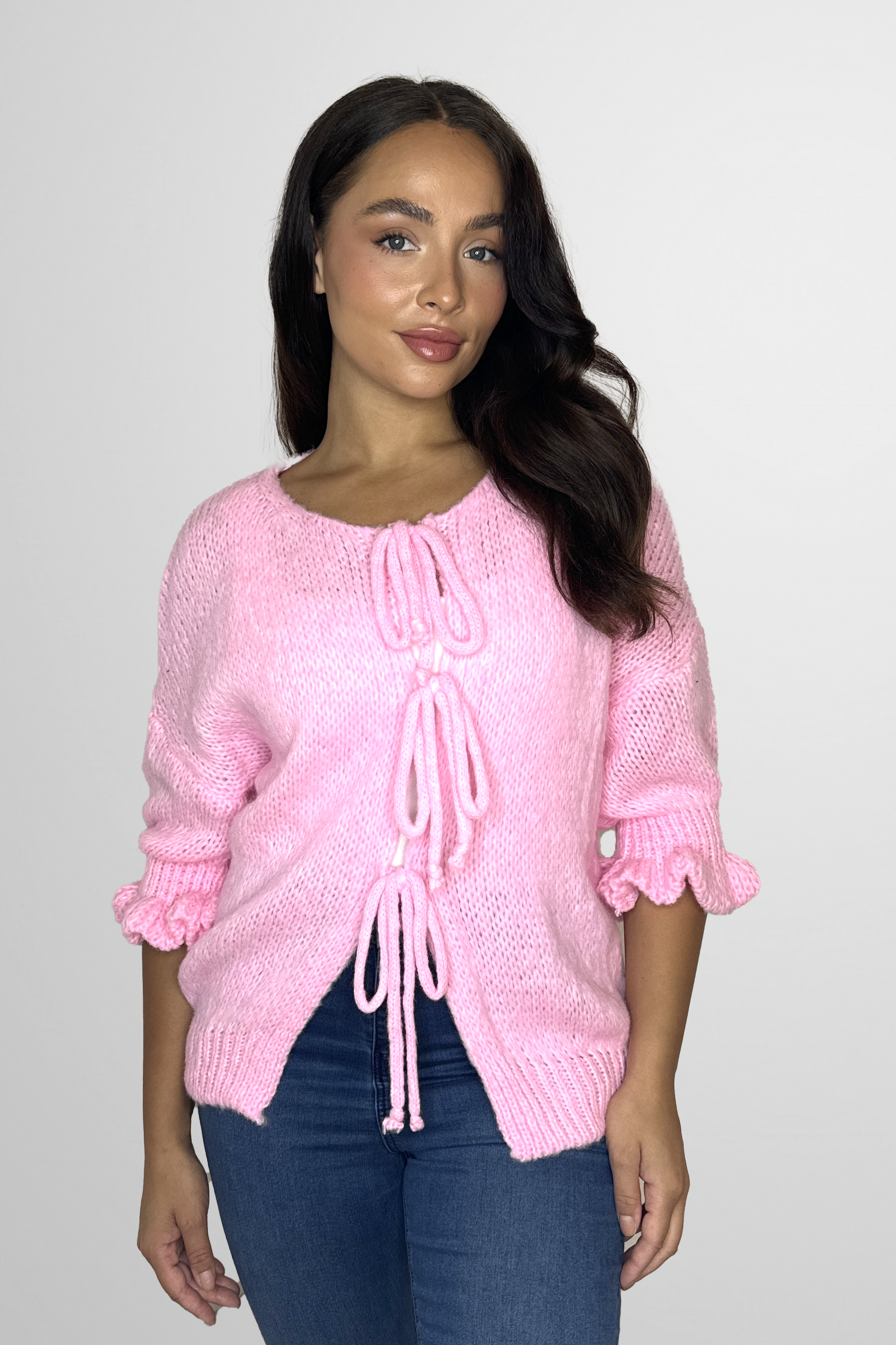 Frill ¾ Sleeve Chunky Knit Tie Up Cardigan-SinglePrice