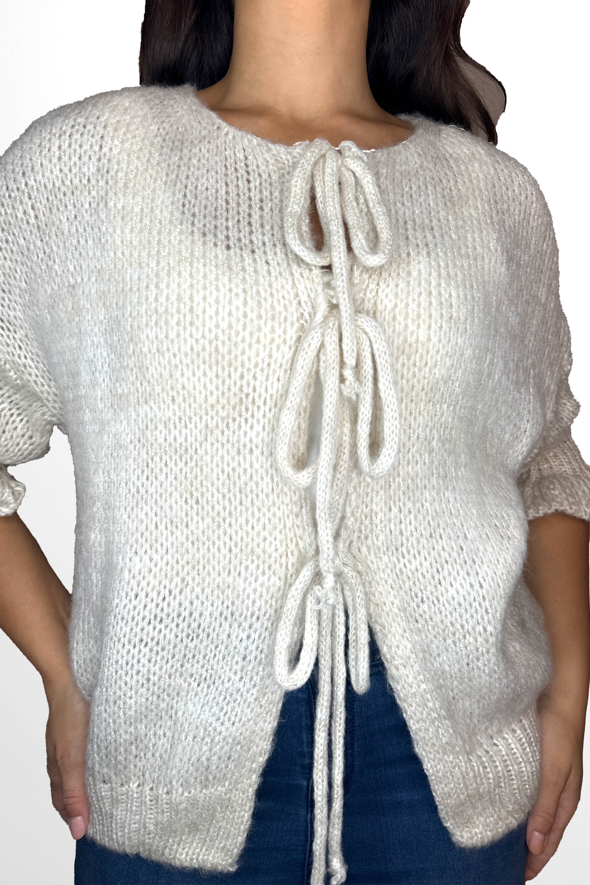 Frill ¾ Sleeve Chunky Knit Tie Up Cardigan-SinglePrice