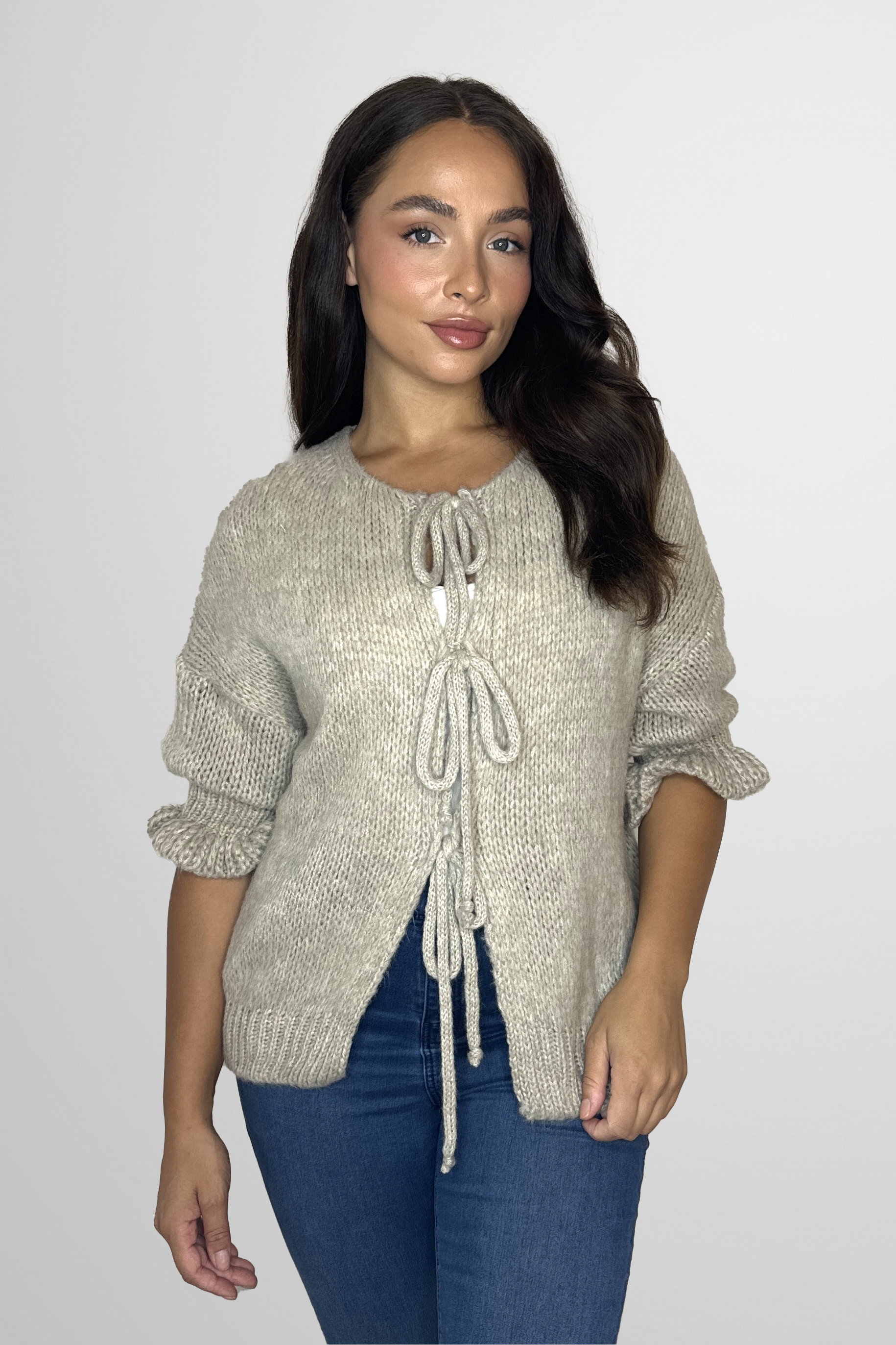 Frill ¾ Sleeve Chunky Knit Tie Up Cardigan-SinglePrice