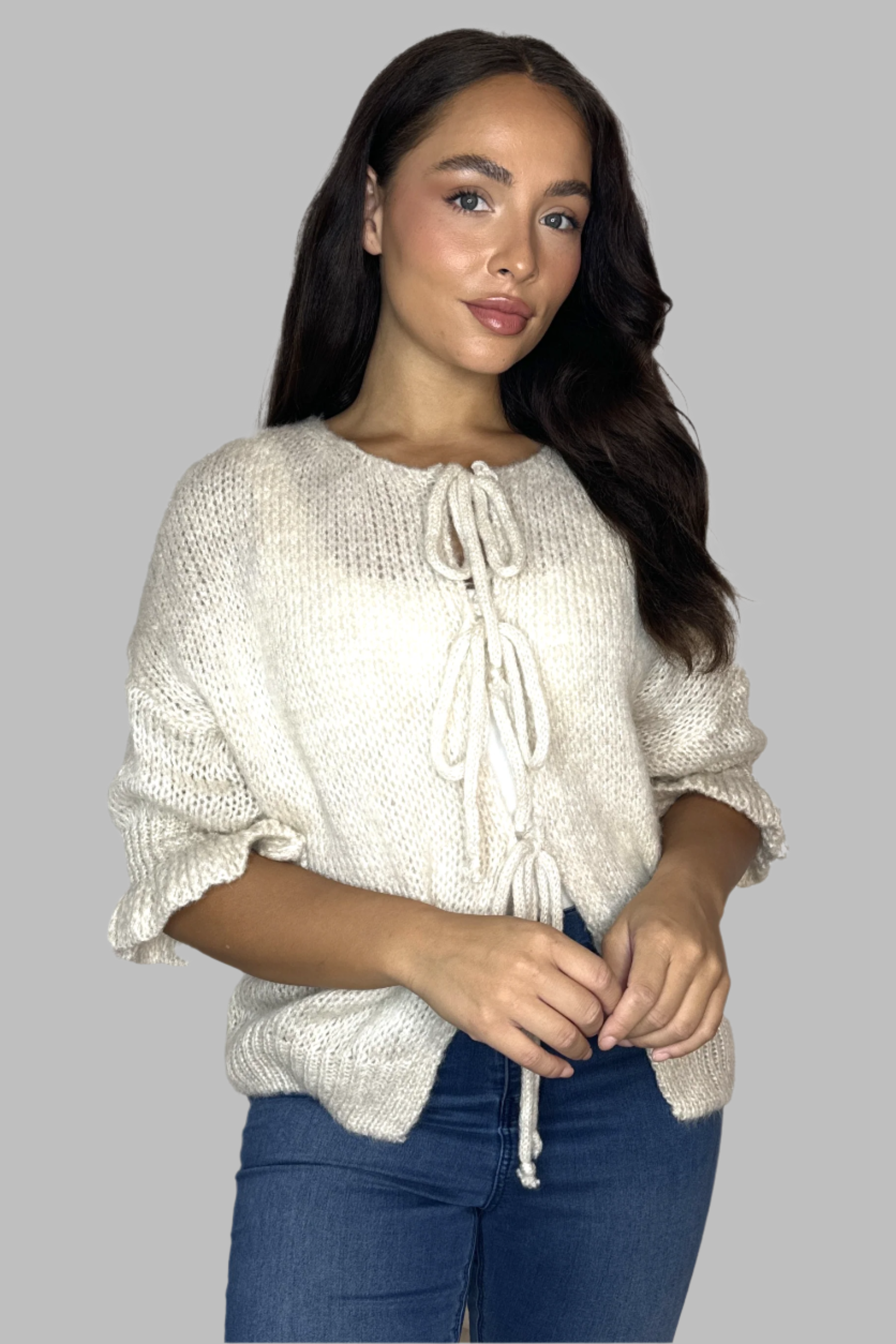 Frill ¾ Sleeve Chunky Knit Tie Up Cardigan-SinglePrice