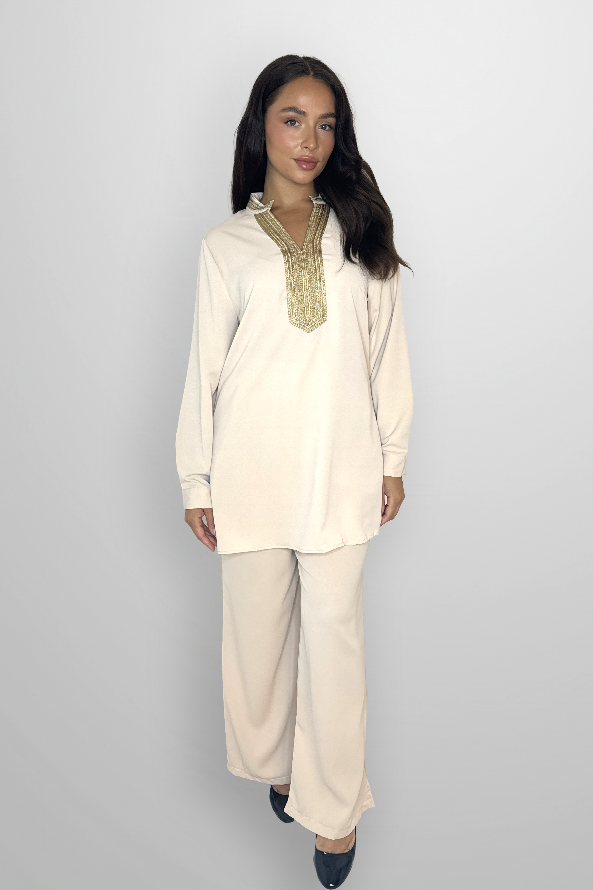 Mock Neck Embroidered V-Cut Neckline Classic Tunic And Wide Lg Traditional Coord Set-SinglePrice