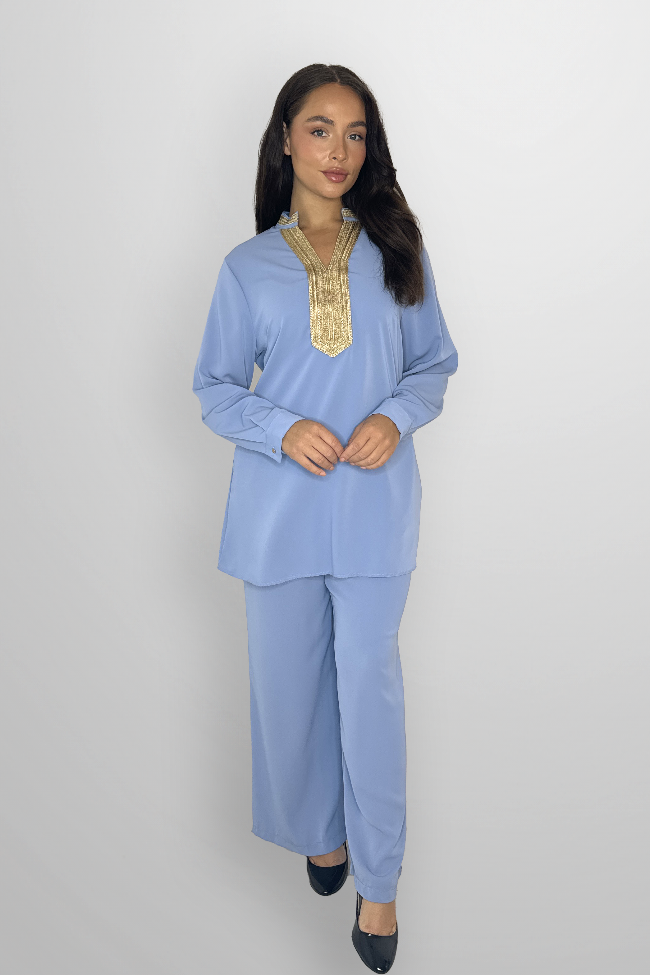 Mock Neck Embroidered V-Cut Neckline Classic Tunic And Wide Lg Traditional Coord Set-SinglePrice