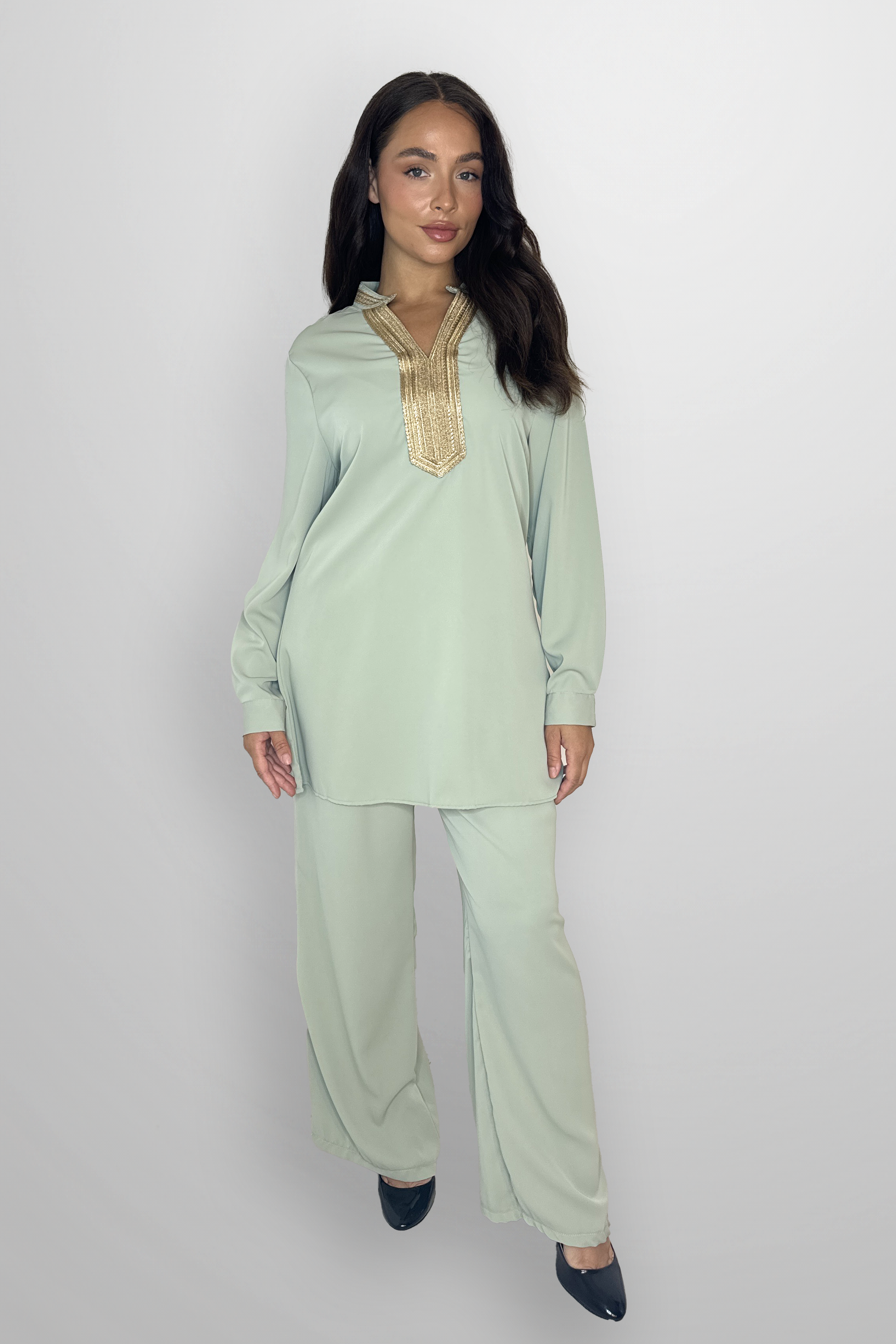 Mock Neck Embroidered V-Cut Neckline Classic Tunic And Wide Lg Traditional Coord Set-SinglePrice