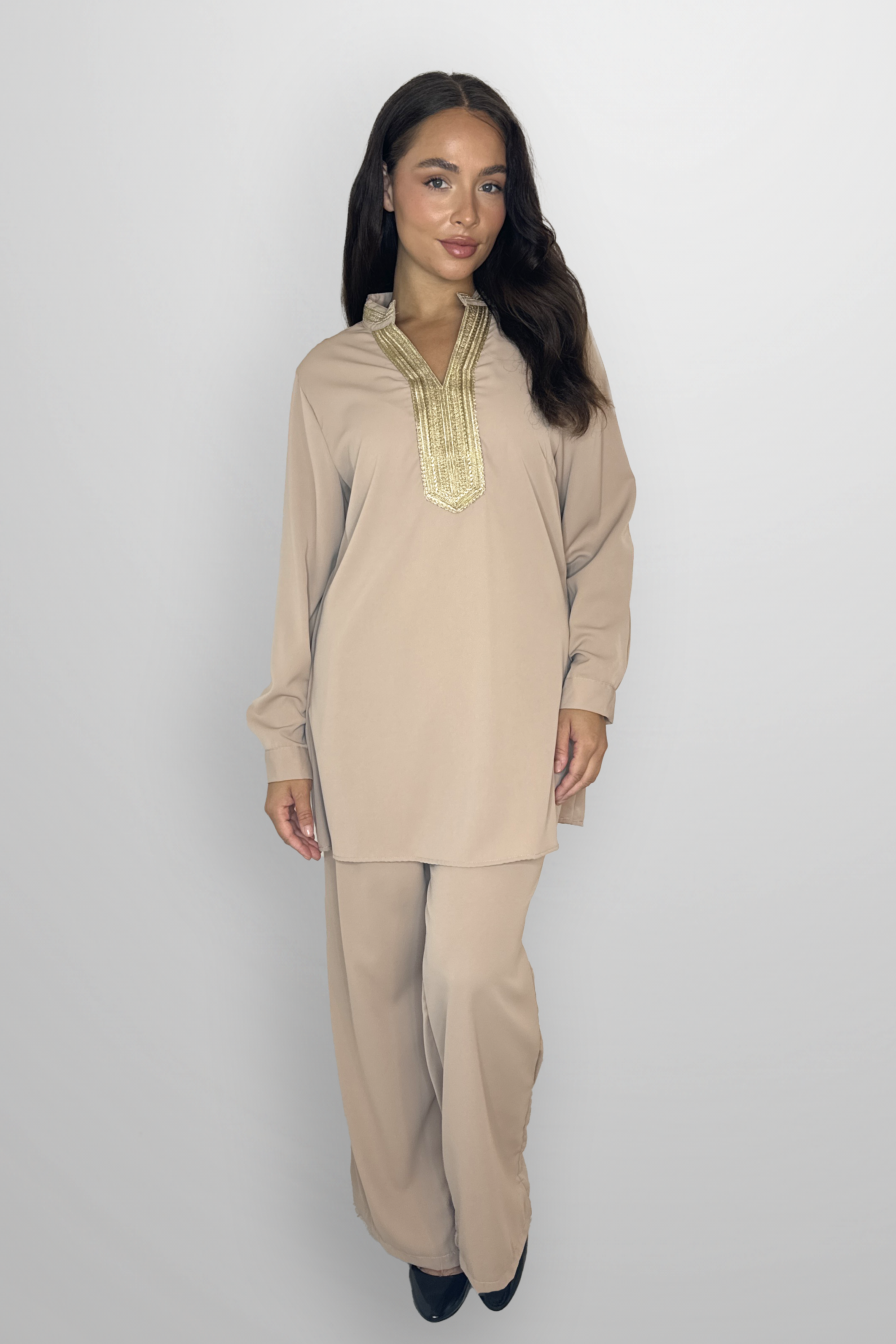 Mock Neck Embroidered V-Cut Neckline Classic Tunic And Wide Lg Traditional Coord Set-SinglePrice