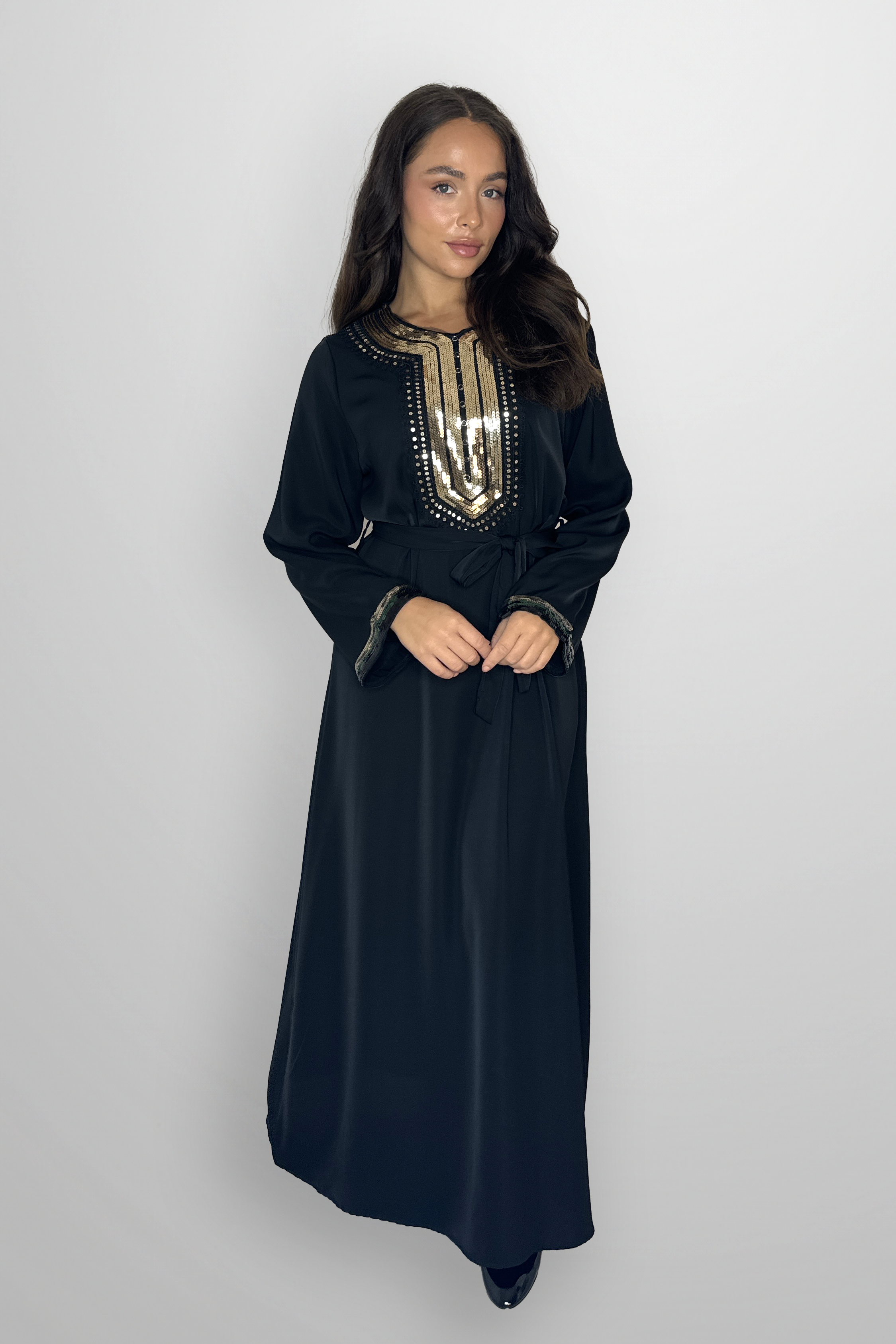 Elegant Embellished DetailTie Up Waist A-Line Modest Maxi Dress-SinglePrice