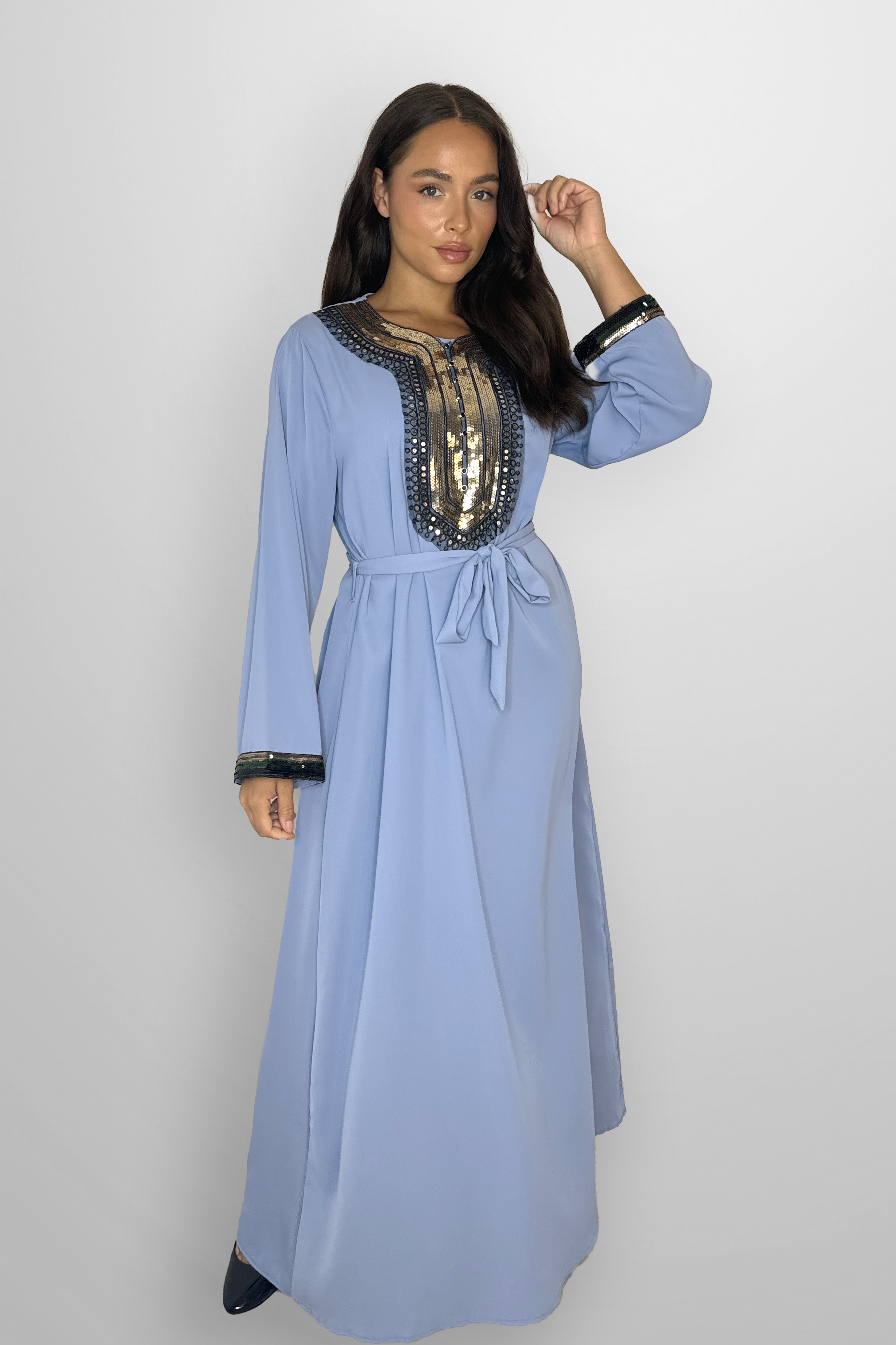 Elegant Embellished DetailTie Up Waist A-Line Modest Maxi Dress-SinglePrice