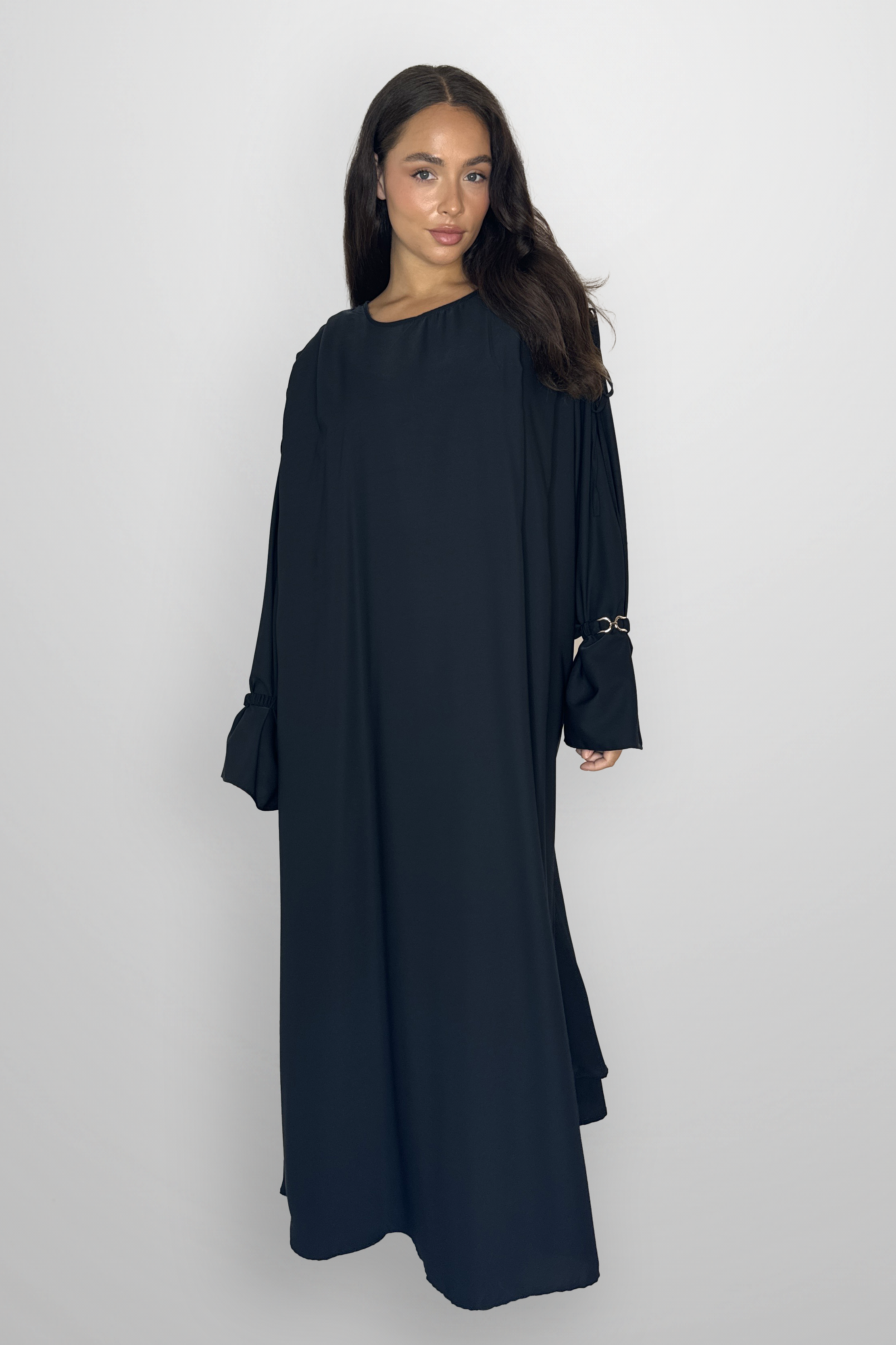 Boat Neckline Frill Embellished Long Sleeve relaxed Modest Dress-SinglePrice