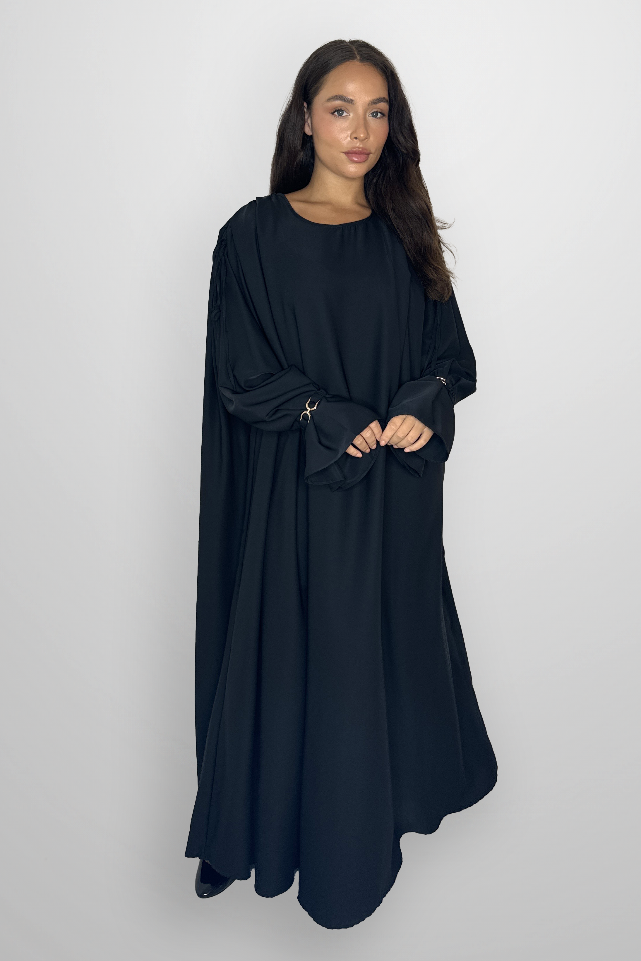 Boat Neckline Frill Embellished Long Sleeve relaxed Modest Dress-SinglePrice