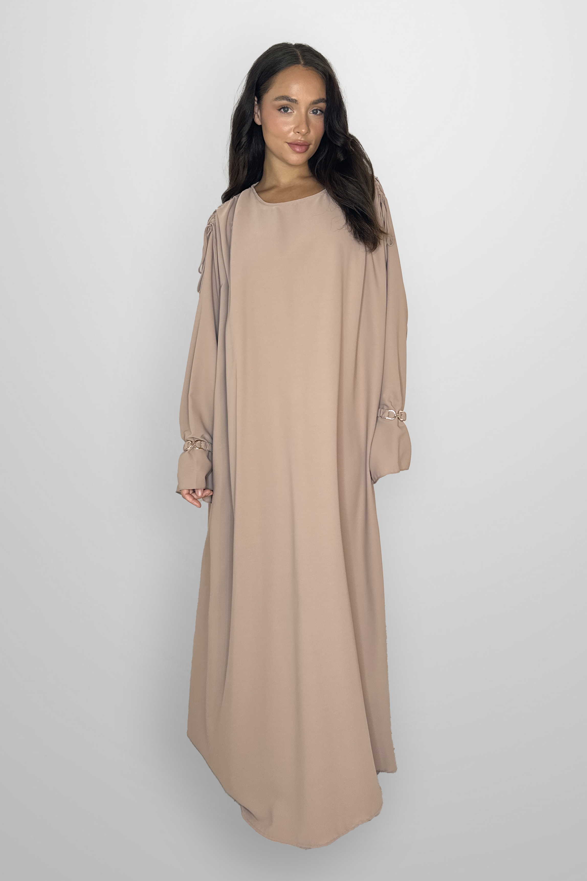 Boat Neckline Frill Embellished Long Sleeve relaxed Modest Dress-SinglePrice