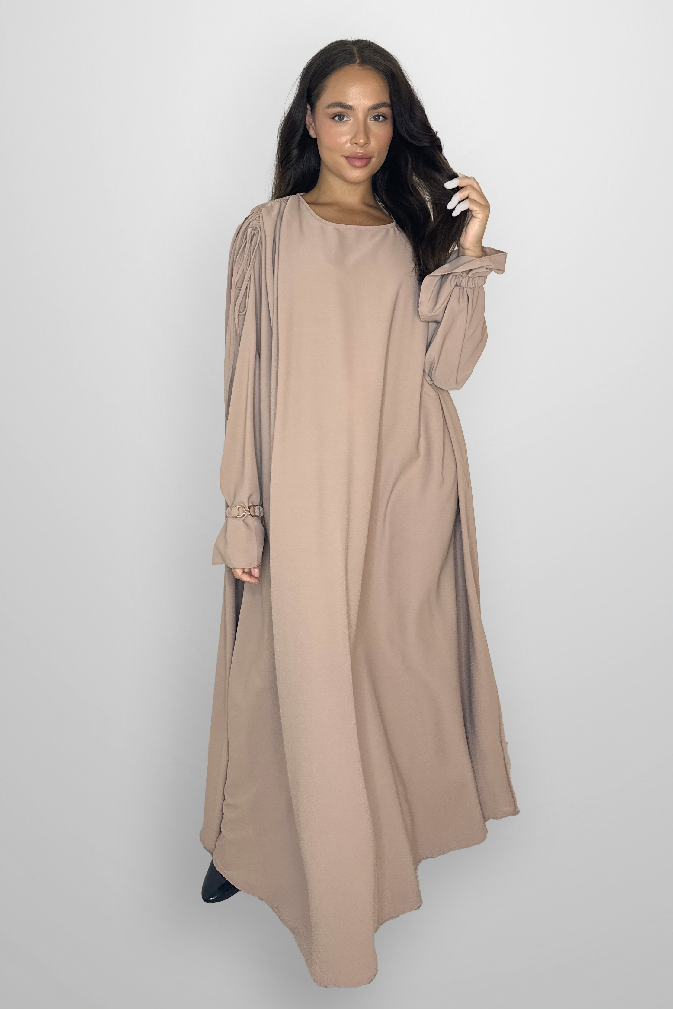 Boat Neckline Frill Embellished Long Sleeve relaxed Modest Dress-SinglePrice