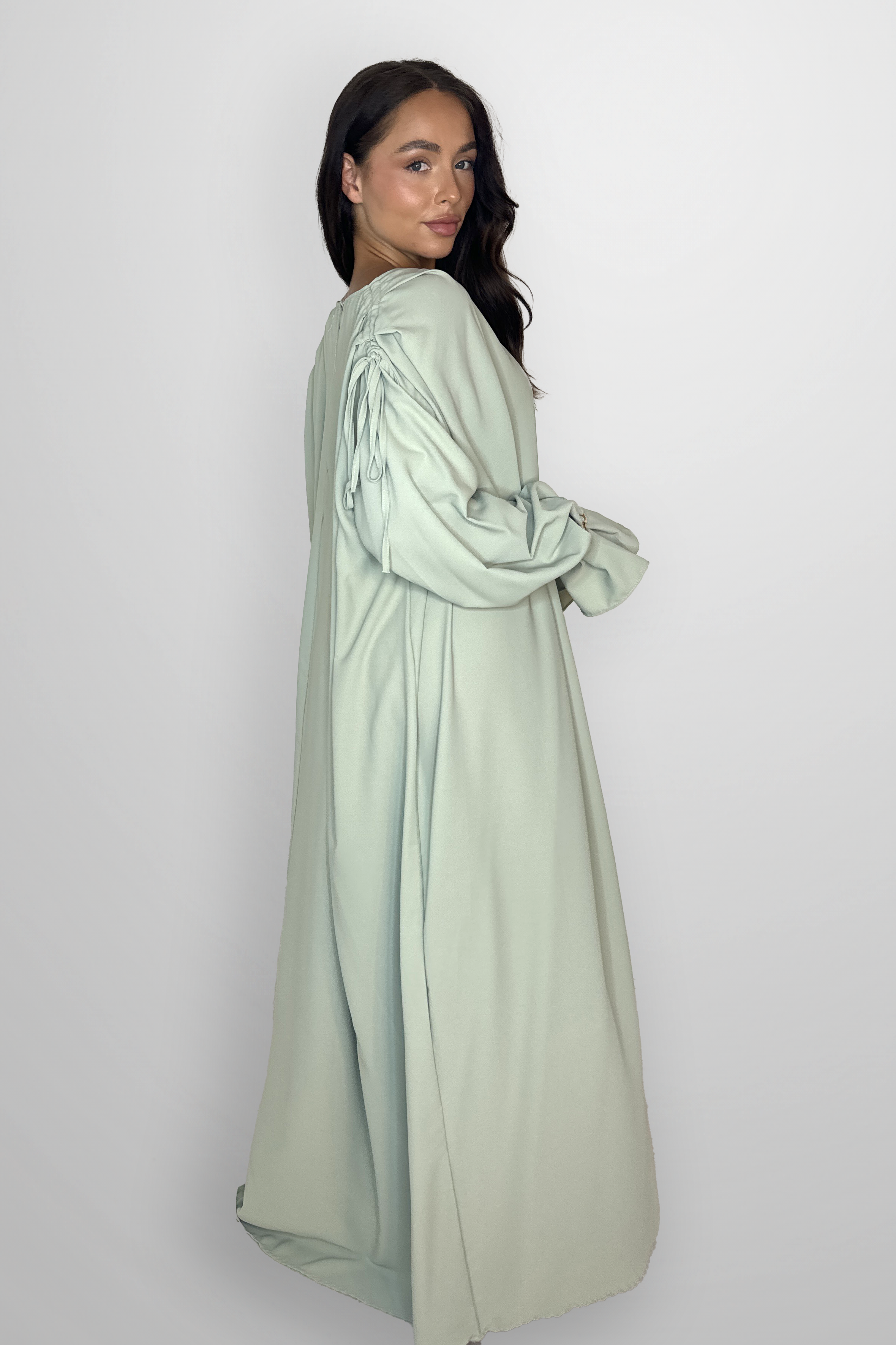 Boat Neckline Frill Embellished Long Sleeve relaxed Modest Dress-SinglePrice