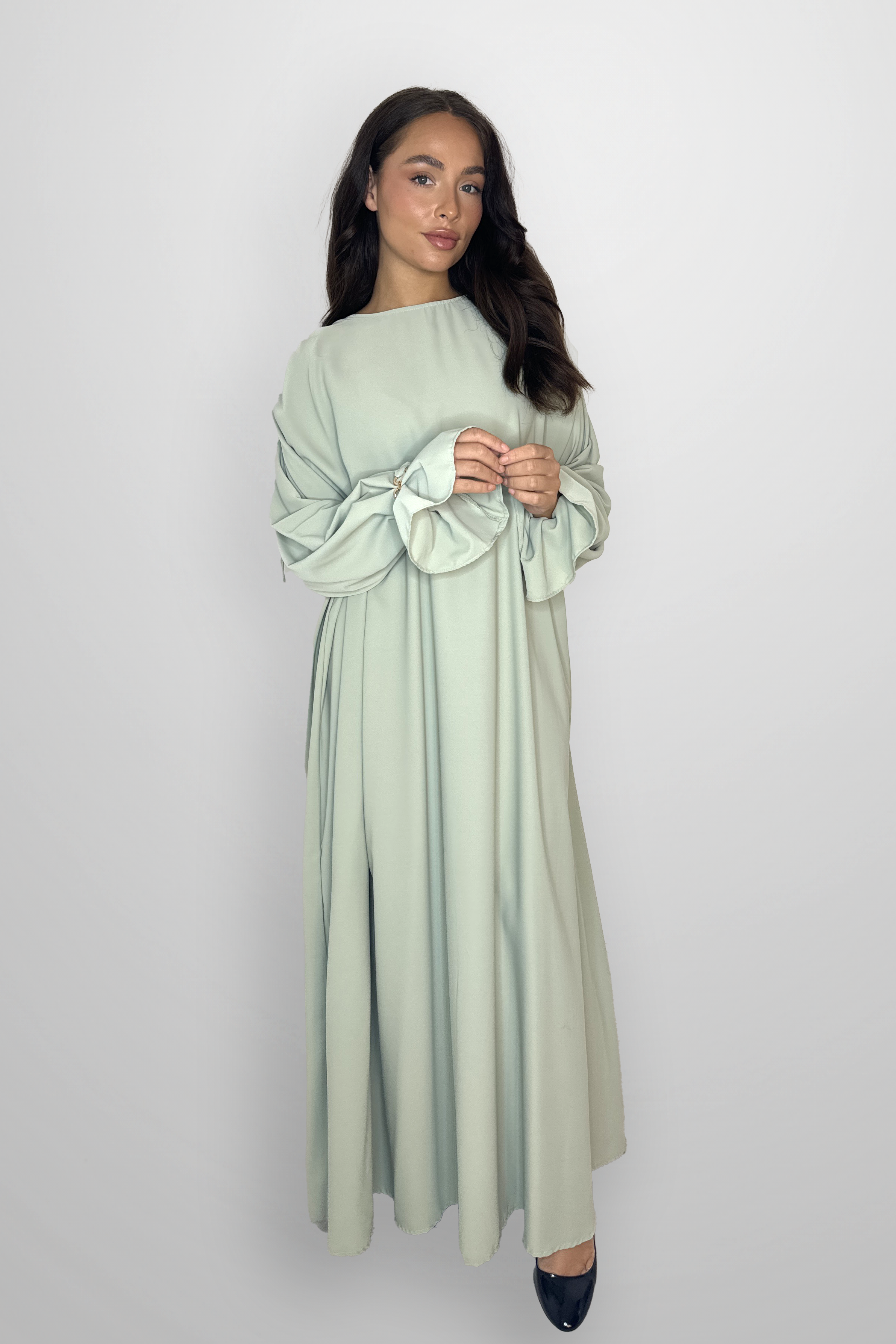 Boat Neckline Frill Embellished Long Sleeve relaxed Modest Dress-SinglePrice