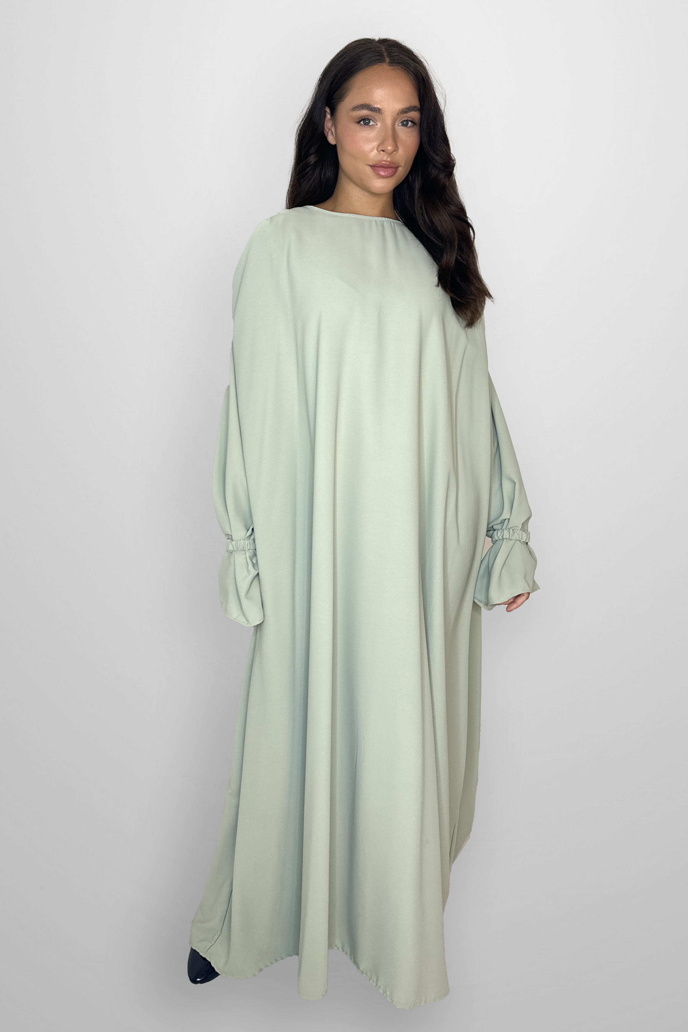 Boat Neckline Frill Embellished Long Sleeve relaxed Modest Dress-SinglePrice