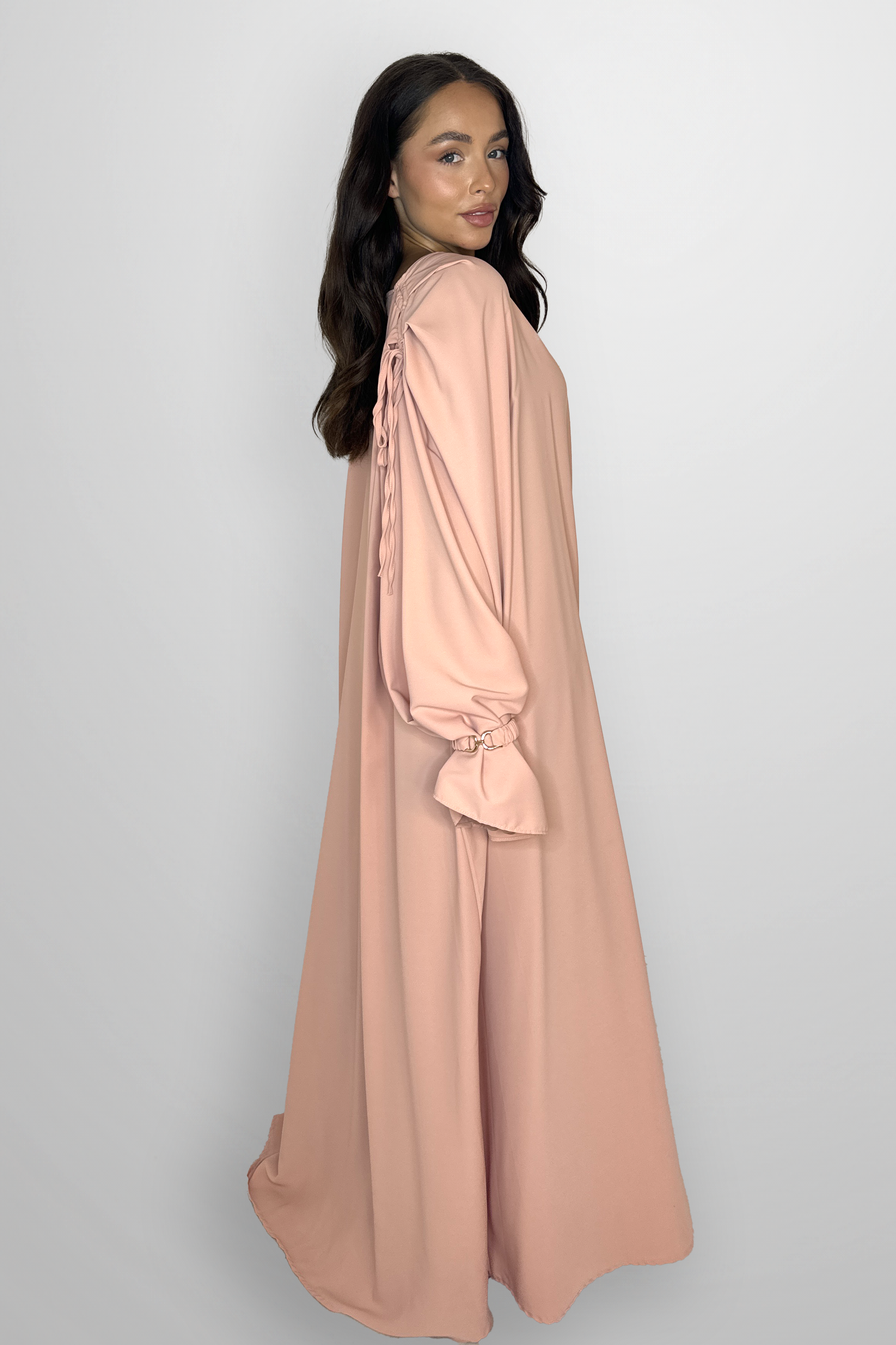 Boat Neckline Frill Embellished Long Sleeve relaxed Modest Dress-SinglePrice