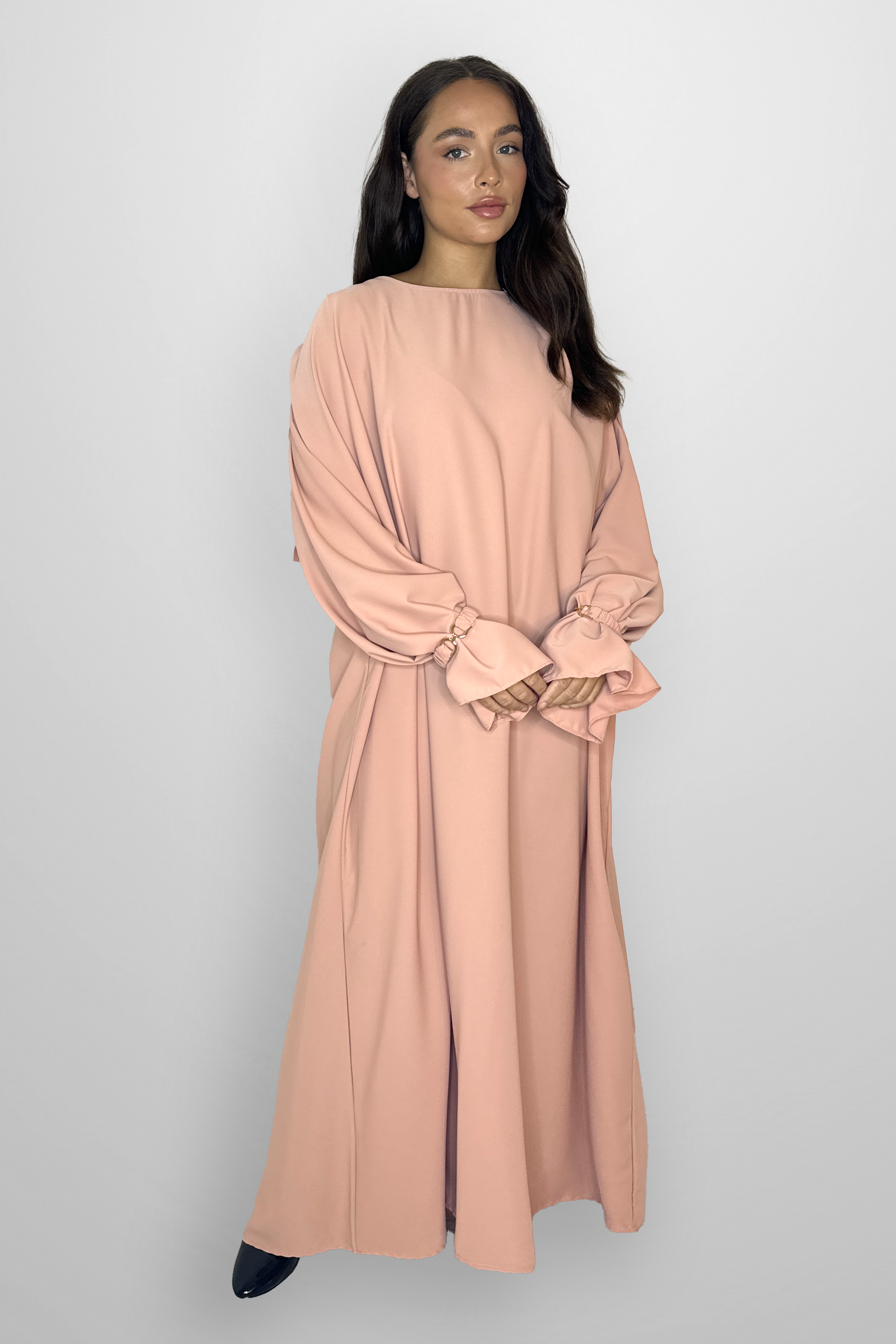 Boat Neckline Frill Embellished Long Sleeve relaxed Modest Dress-SinglePrice