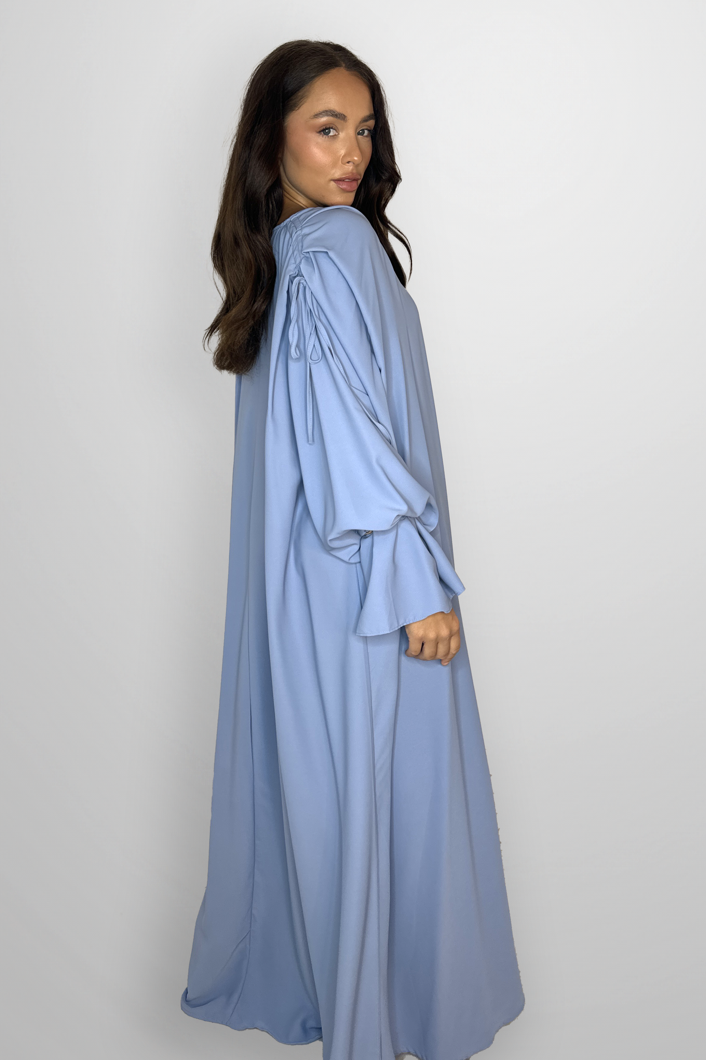 Boat Neckline Frill Embellished Long Sleeve relaxed Modest Dress-SinglePrice