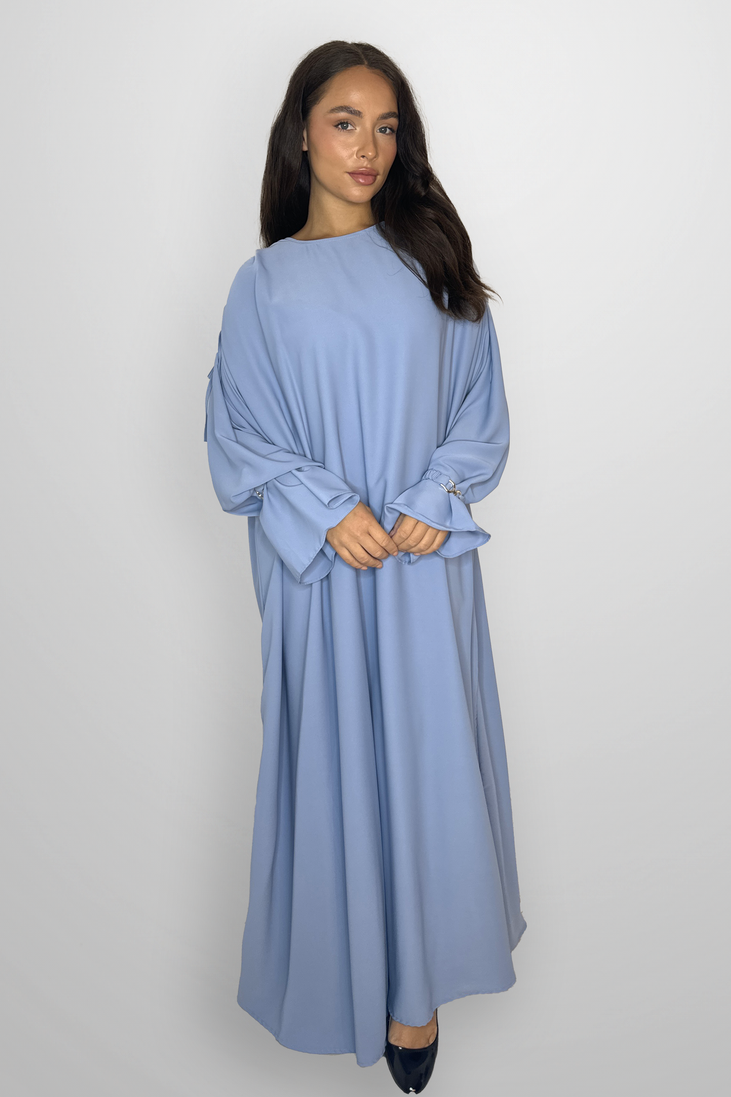 Boat Neckline Frill Embellished Long Sleeve relaxed Modest Dress-SinglePrice