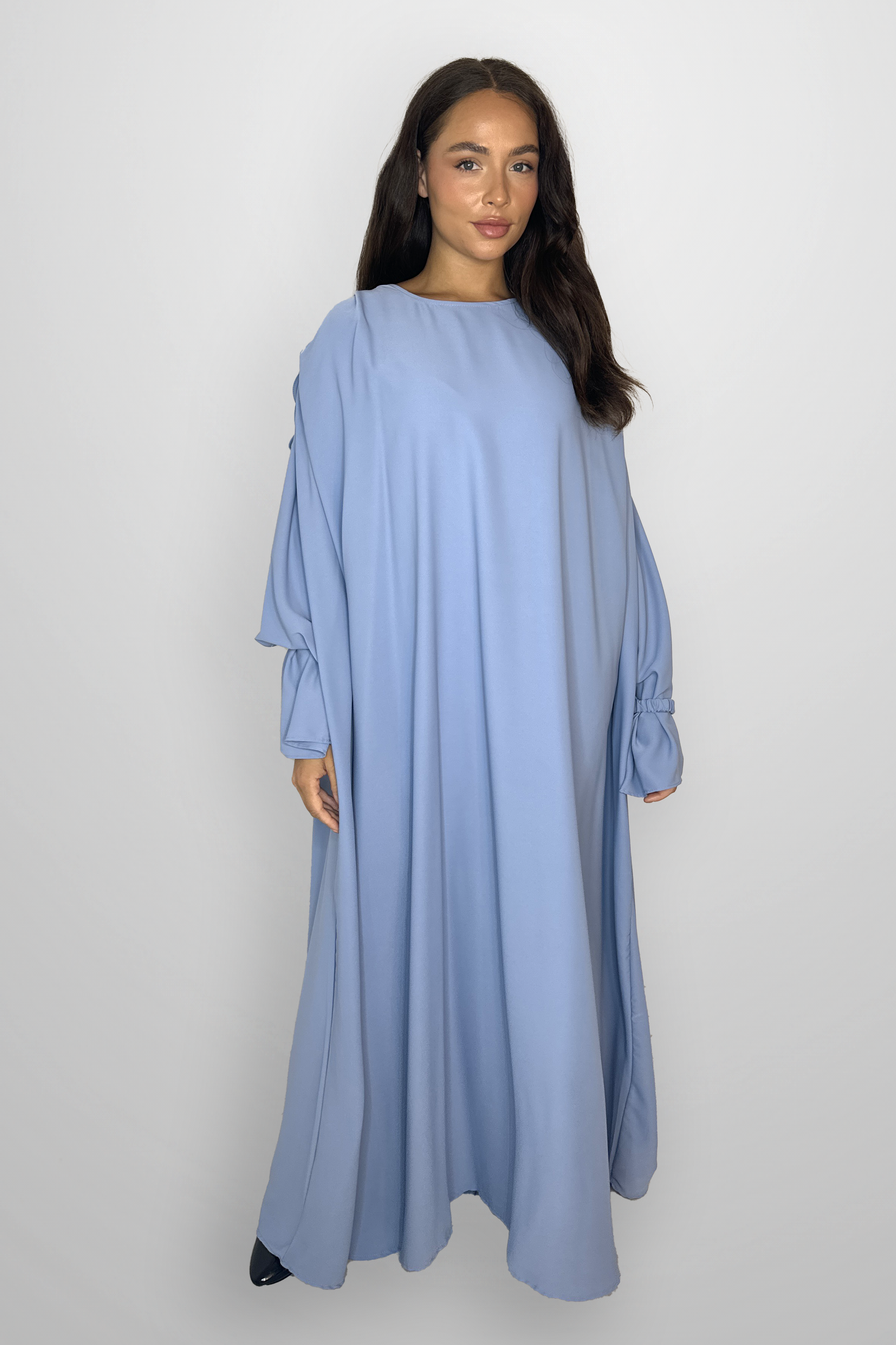 Boat Neckline Frill Embellished Long Sleeve relaxed Modest Dress-SinglePrice