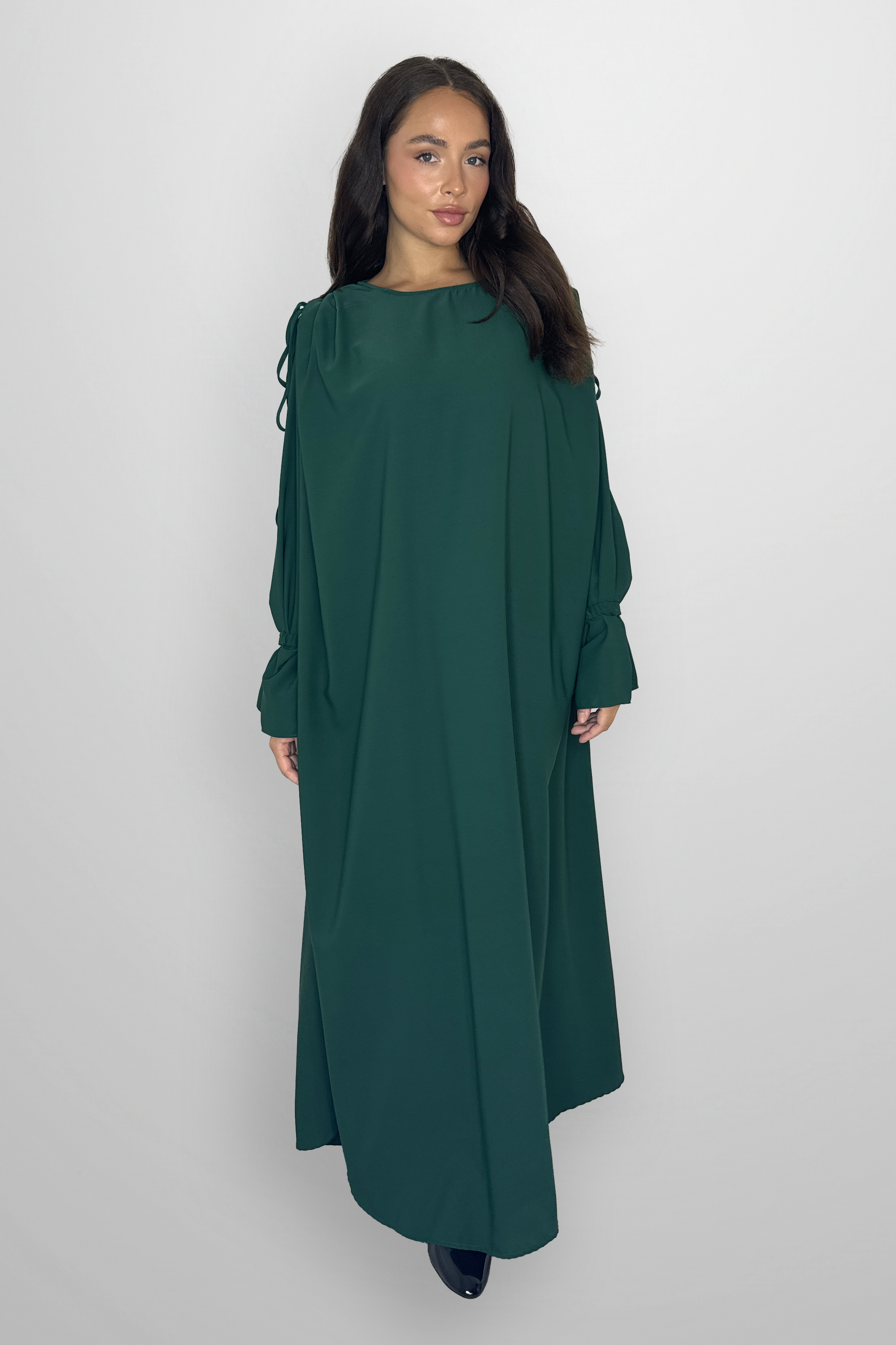 Boat Neckline Frill Embellished Long Sleeve relaxed Modest Dress-SinglePrice