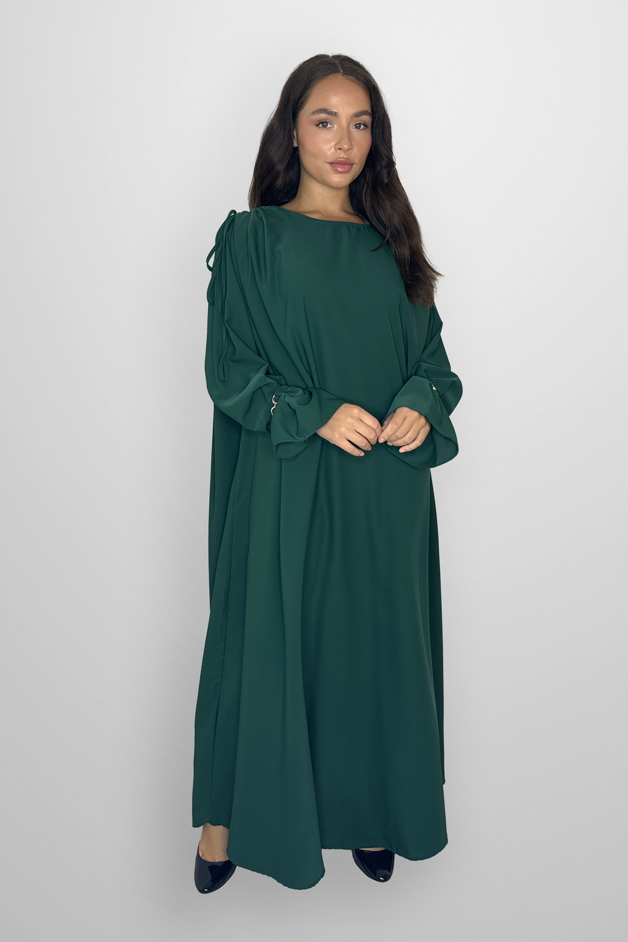 Boat Neckline Frill Embellished Long Sleeve relaxed Modest Dress-SinglePrice