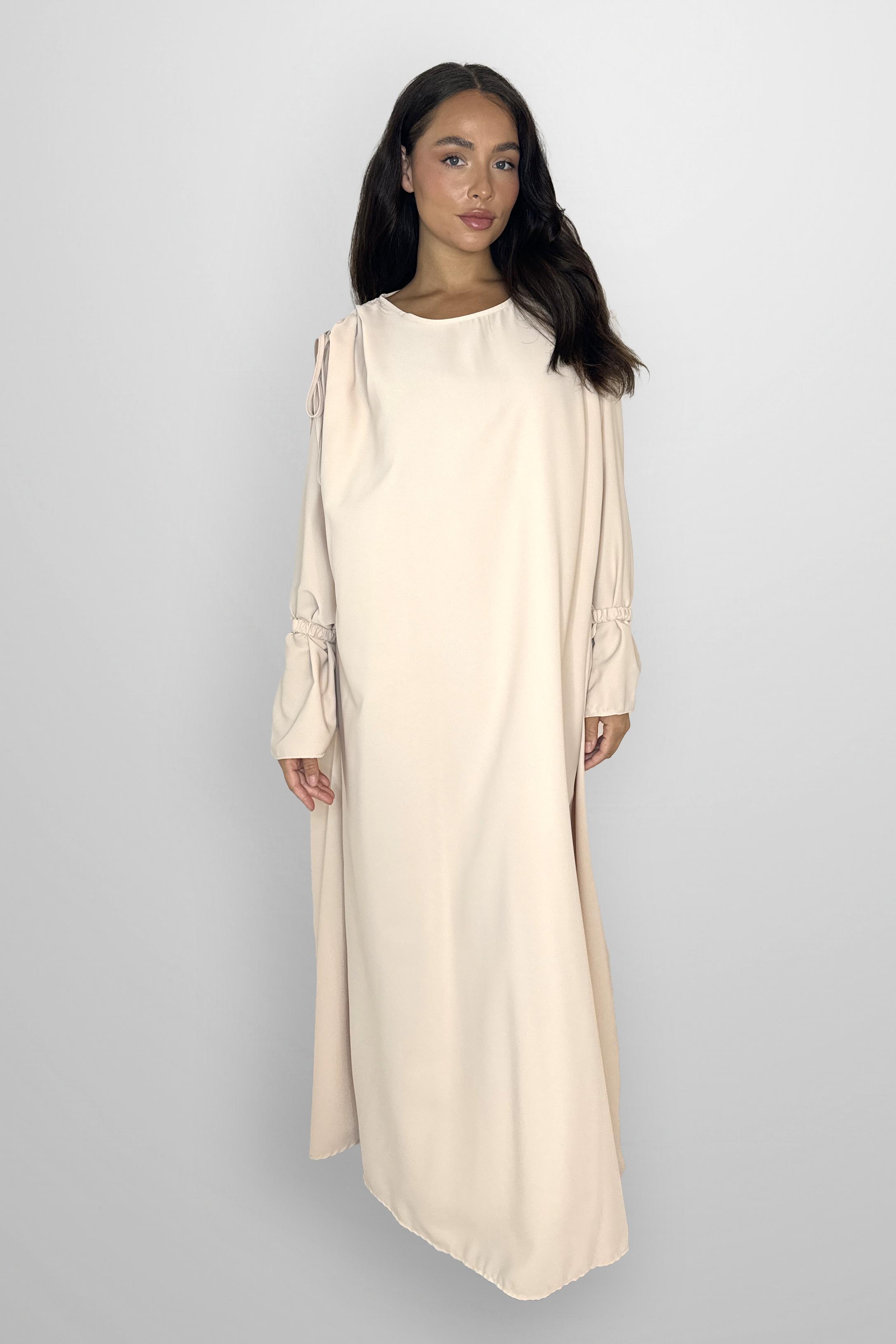 Boat Neckline Frill Embellished Long Sleeve relaxed Modest Dress-SinglePrice