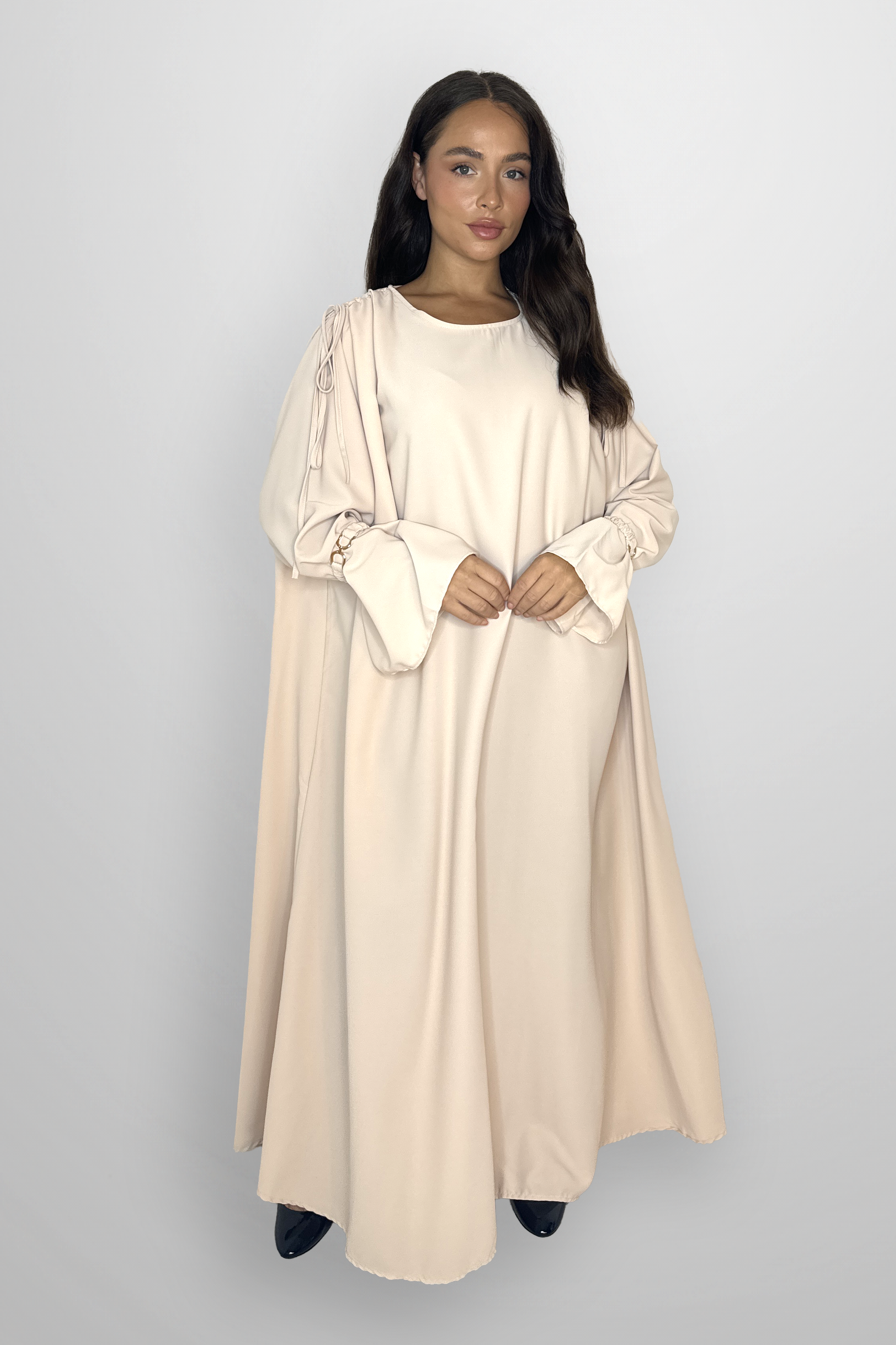 Boat Neckline Frill Embellished Long Sleeve relaxed Modest Dress-SinglePrice