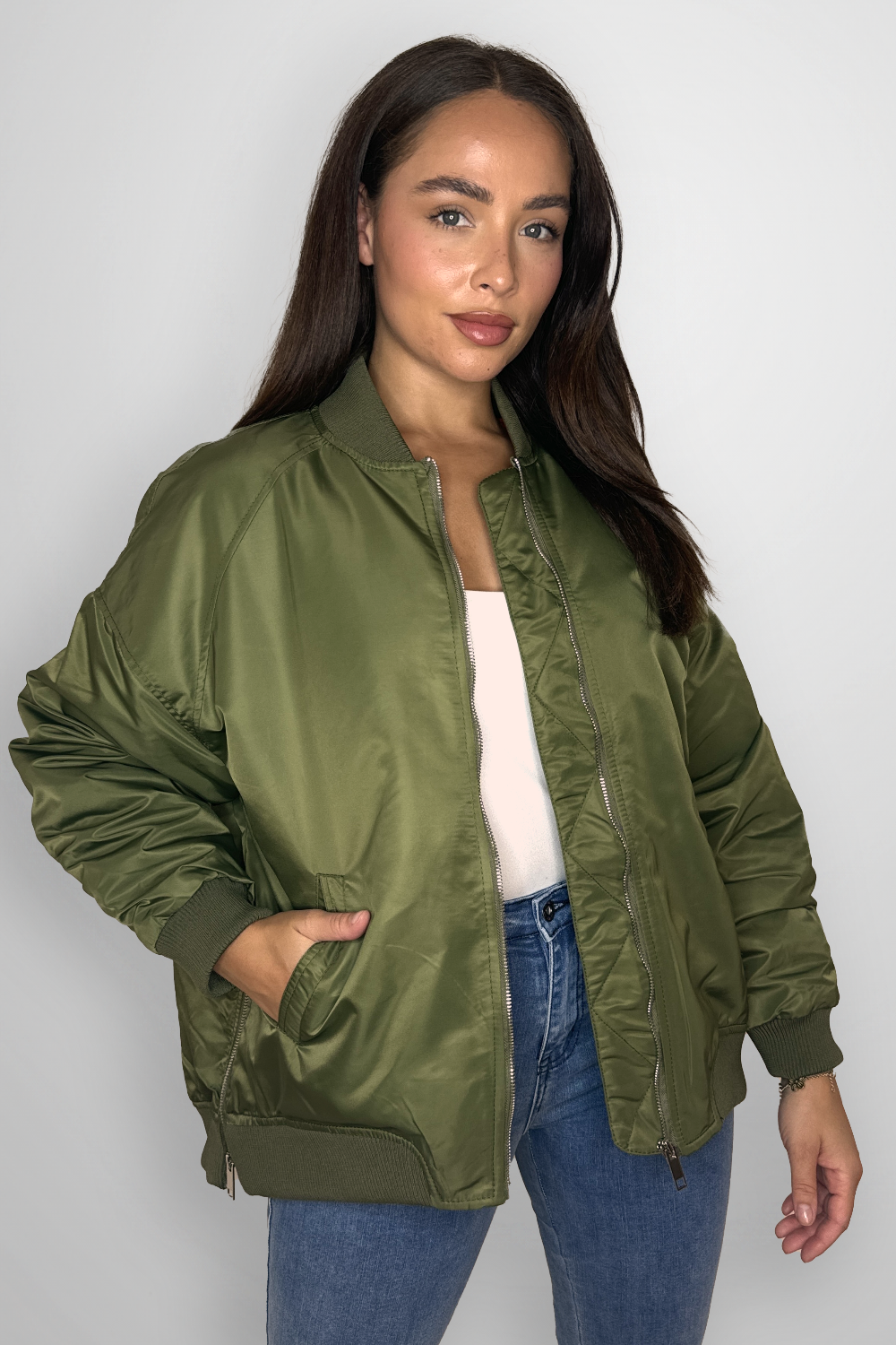 Side Zip Detail Relaxed Fit Bomber Jacket-SinglePrice