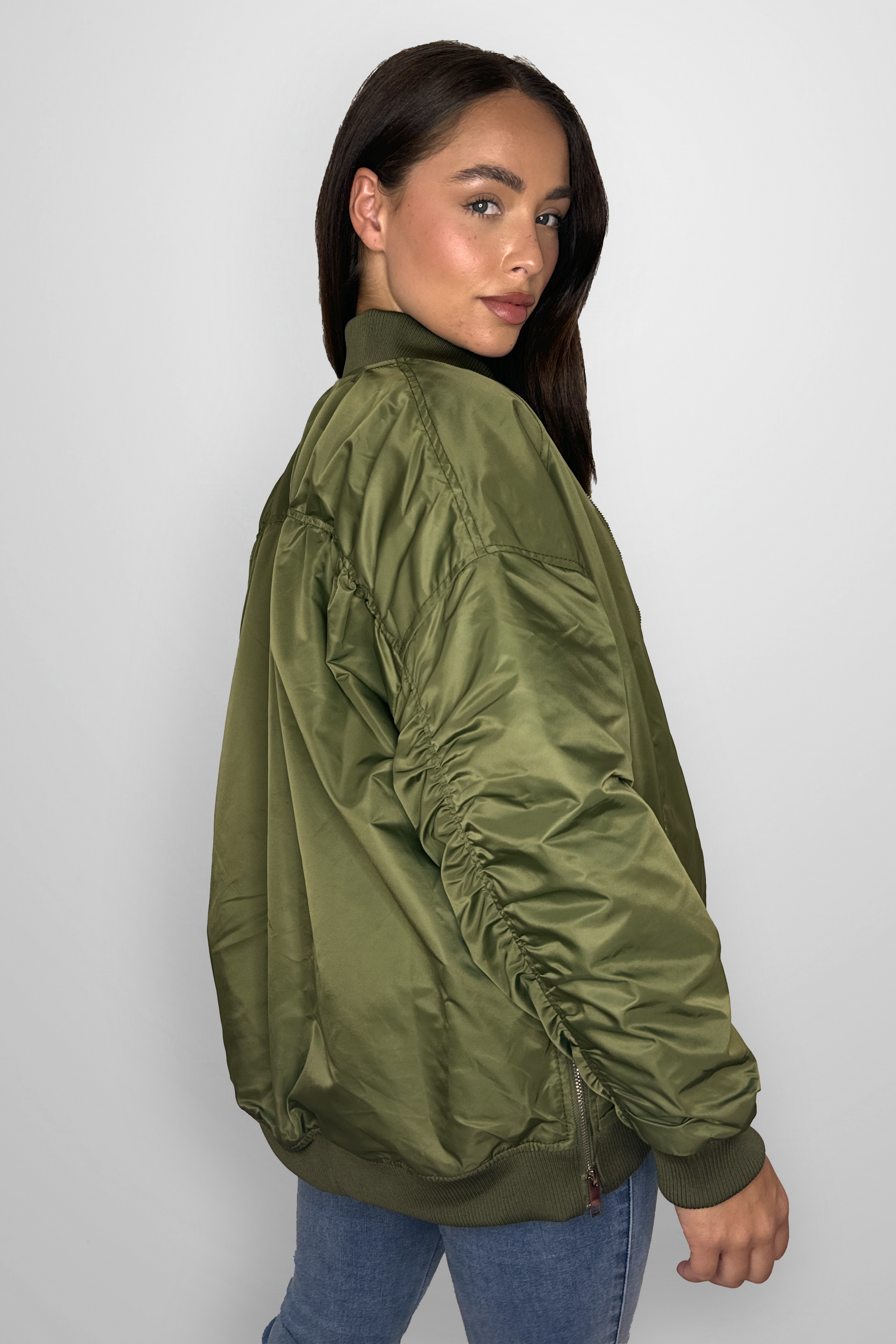 Side Zip Detail Relaxed Fit Bomber Jacket-SinglePrice